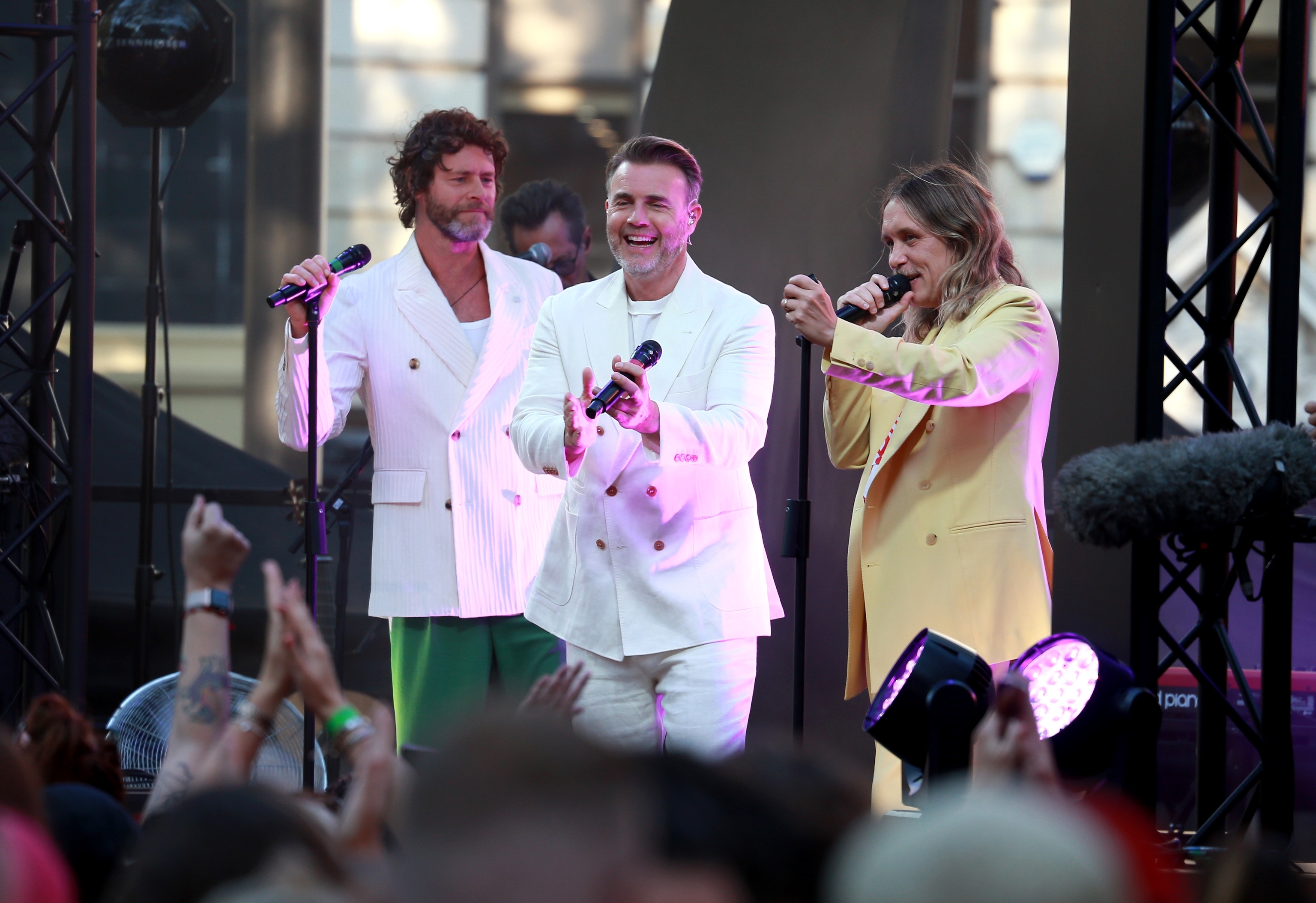 Howard Donald, Gary Barlow and Mark Owen of Take That attend "Greatest Days" World Premiere at Odeon Luxe Leicester Square in London, England on June 15, 2023.