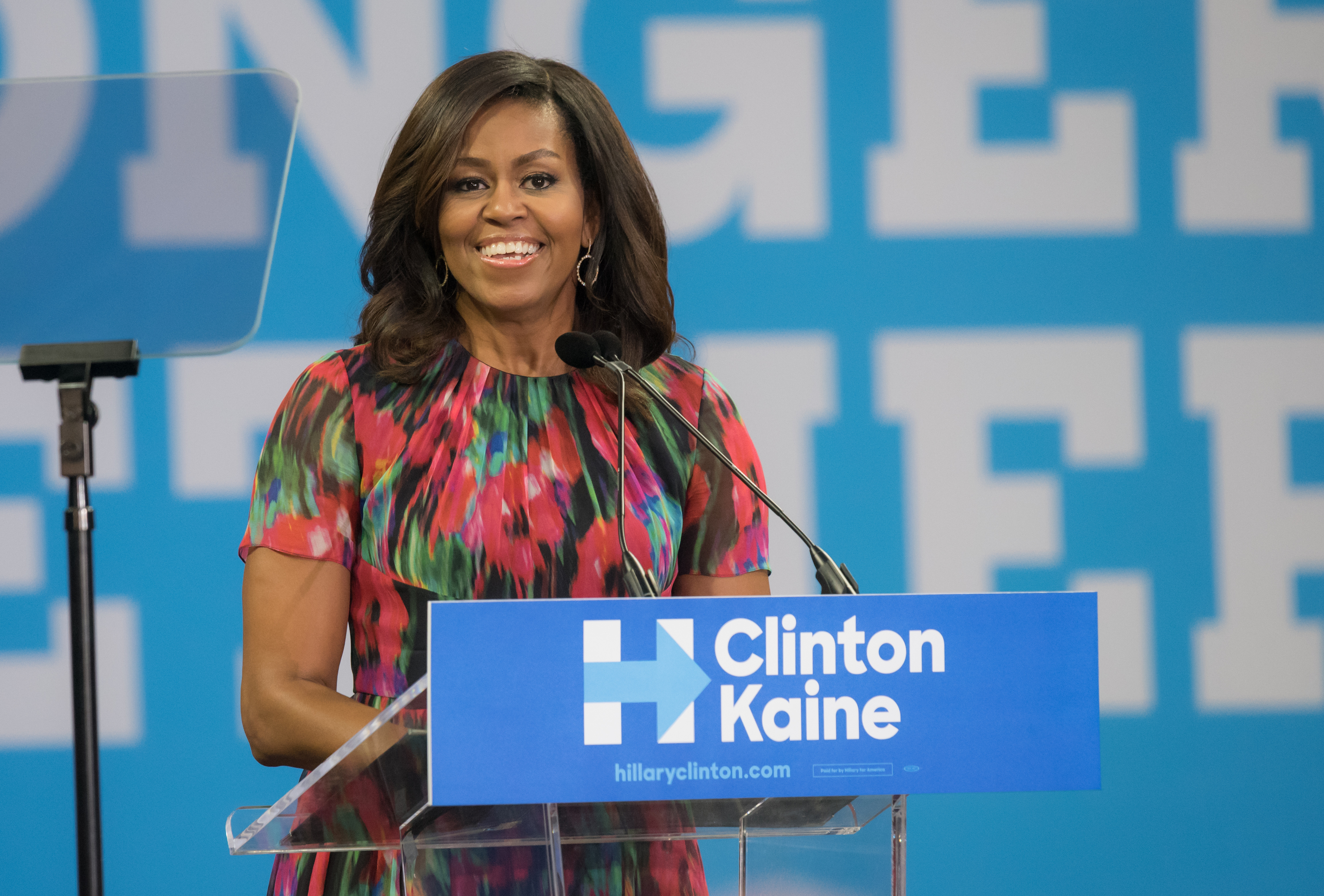 FLOTUS, Michelle Obama, speaking to students at NC State University. Other speakers were former governor Jim Hunt and Deborah Ross, on October 4th, 2016 in Raleigh, USA.