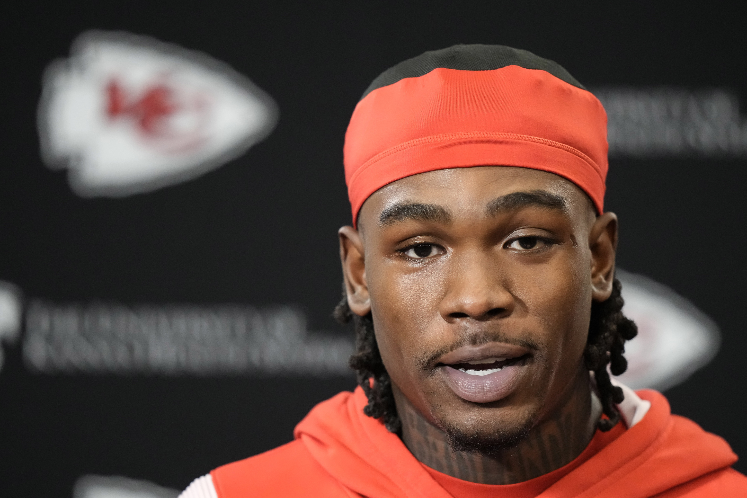 Kansas City Chiefs wide receiver Rashee Rice speaks to the media