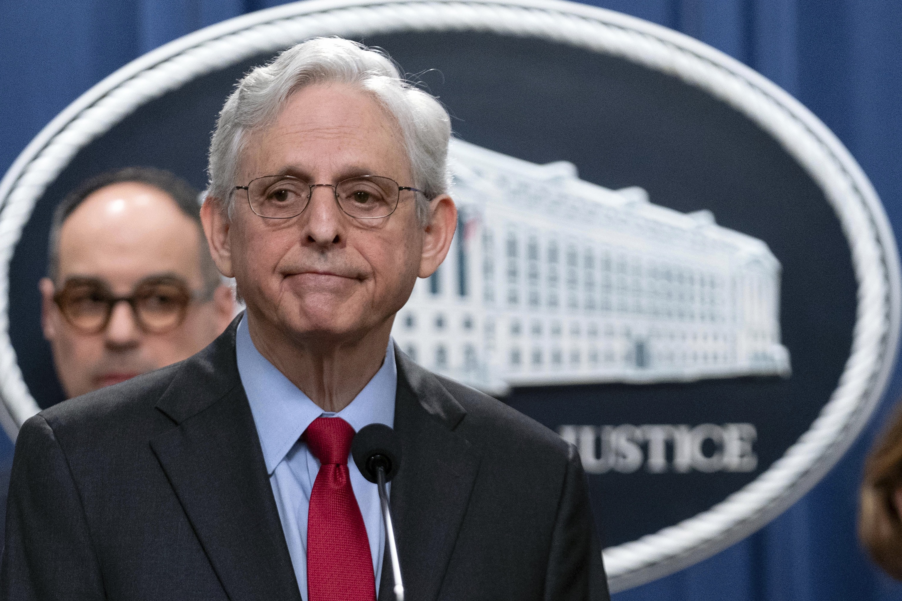 Attorney General Merrick Garland speaks during a news conference at the Department of Justice.