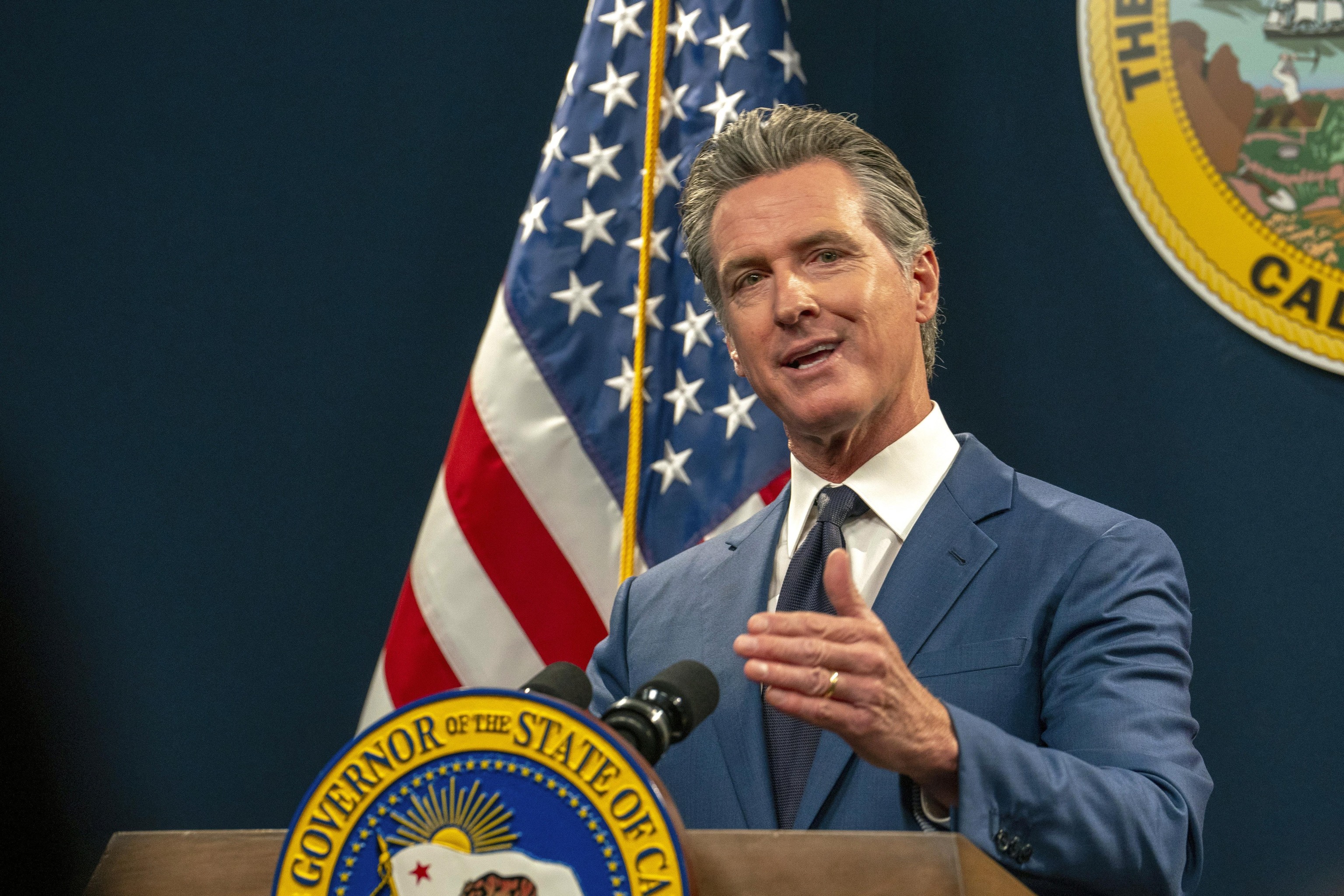 California Gov. Gavin Newsom speaks during a news conference in Sacramento.