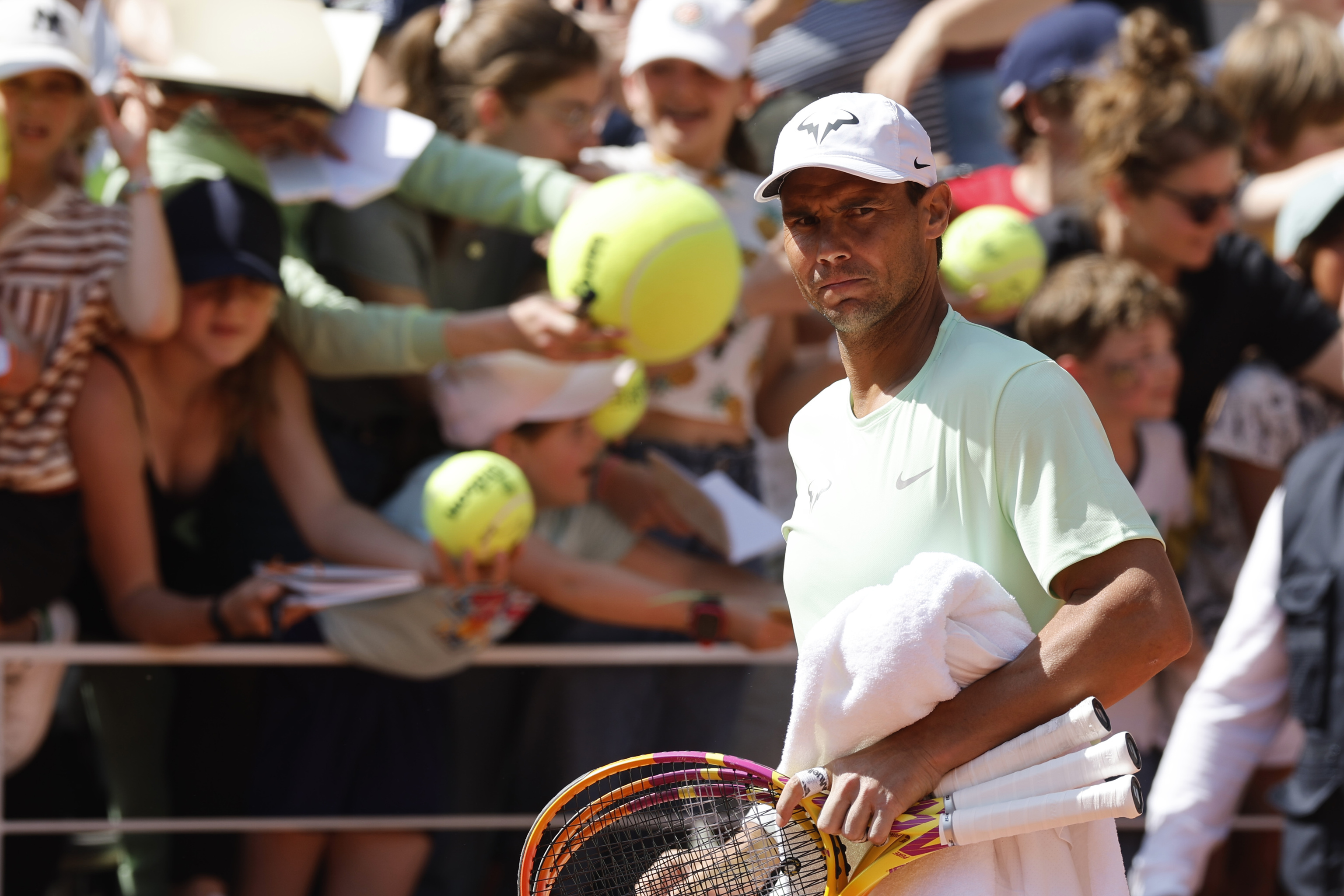 Spain's Rafael Nadal arrives for a training session at the Roland Garros stadium.