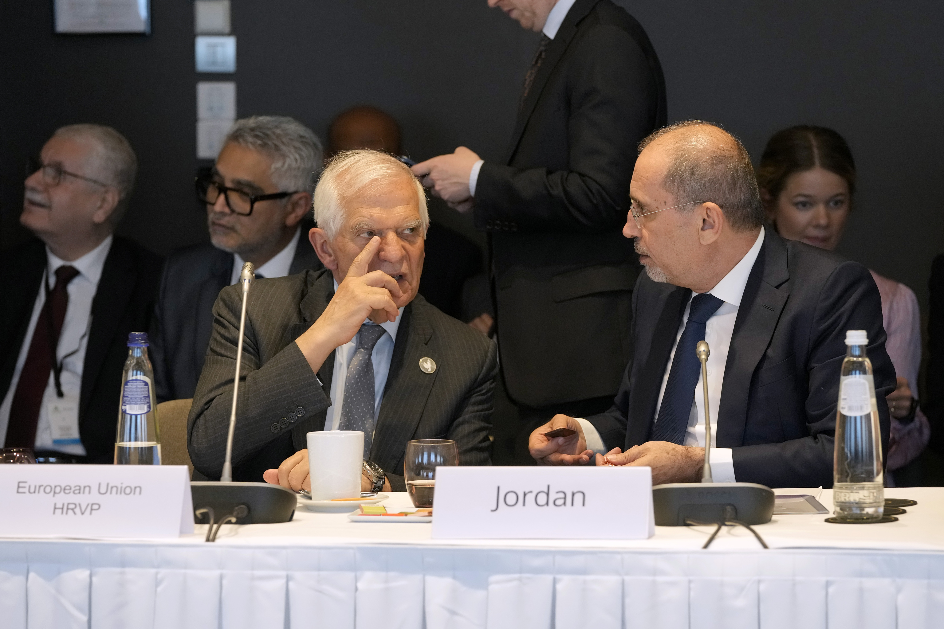 European Union foreign policy chief Josep Borrell, left, speaks with Jordan's Minister of Foreign Affairs Ayman Safadi.