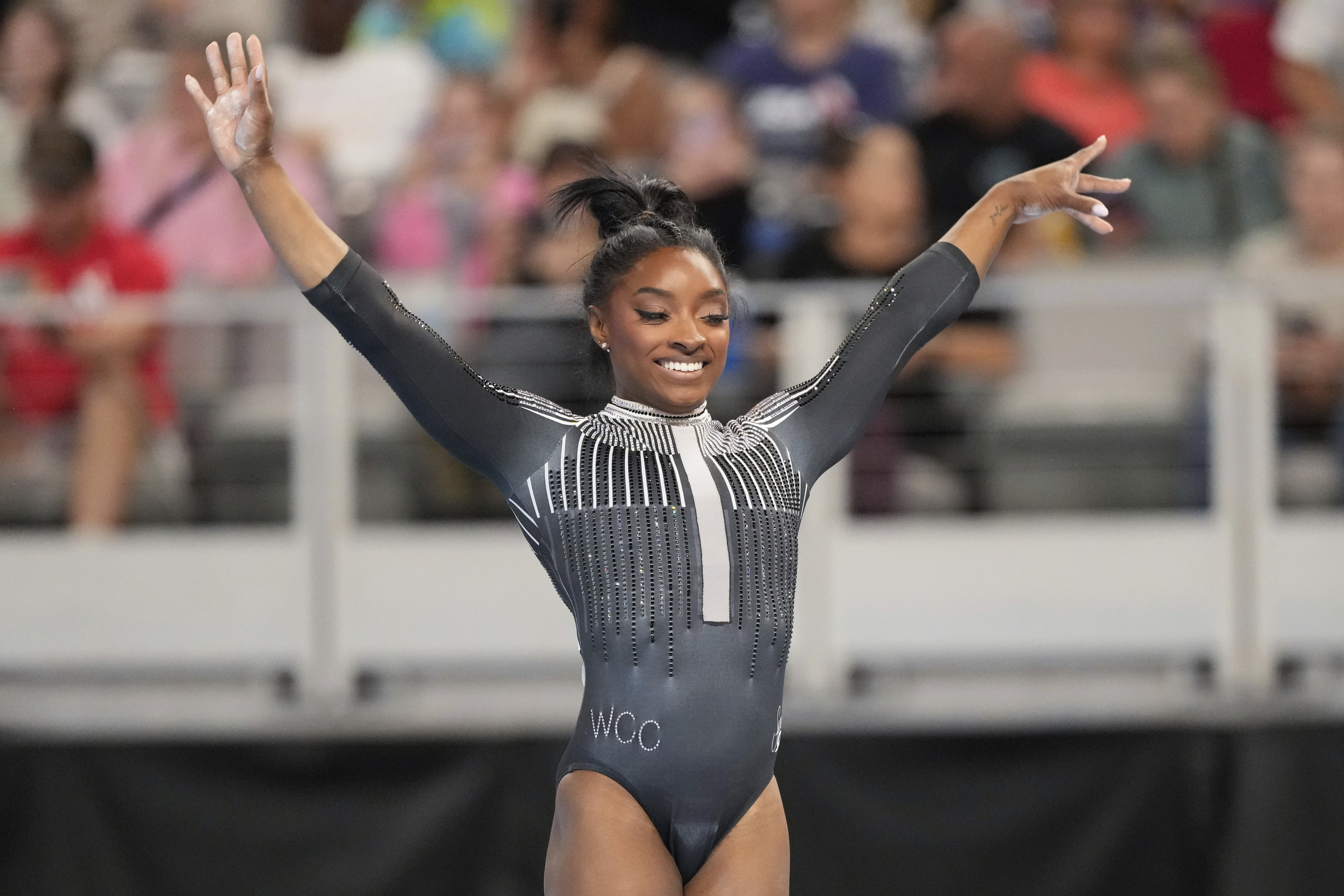 Simone Biles competes on the floor during the U.S. Gymnastics Championships.