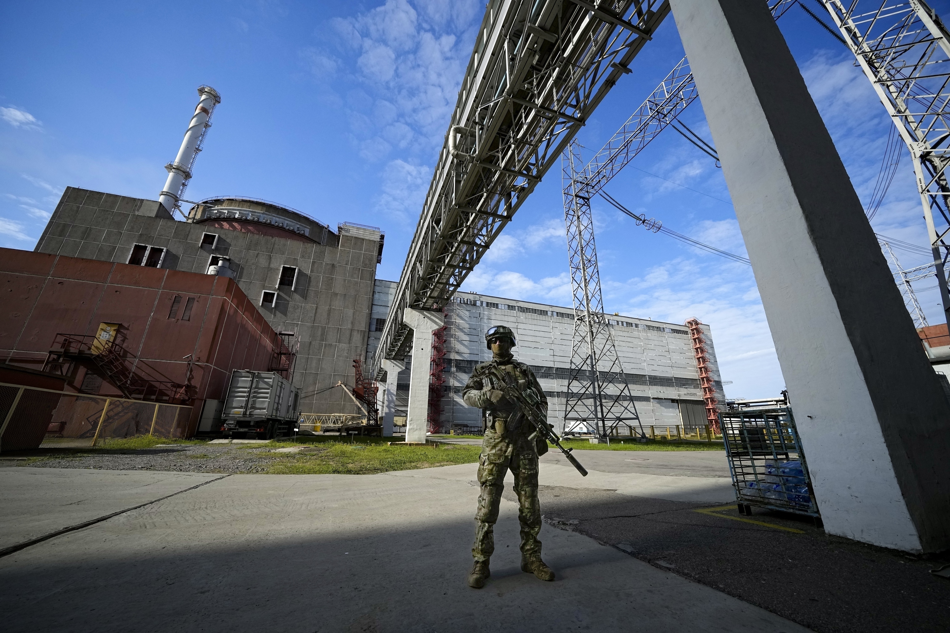 A Russian serviceman guards an area of the Zaporizhzhia Nuclear Power Station in territory under Russian military control, southeastern Ukraine