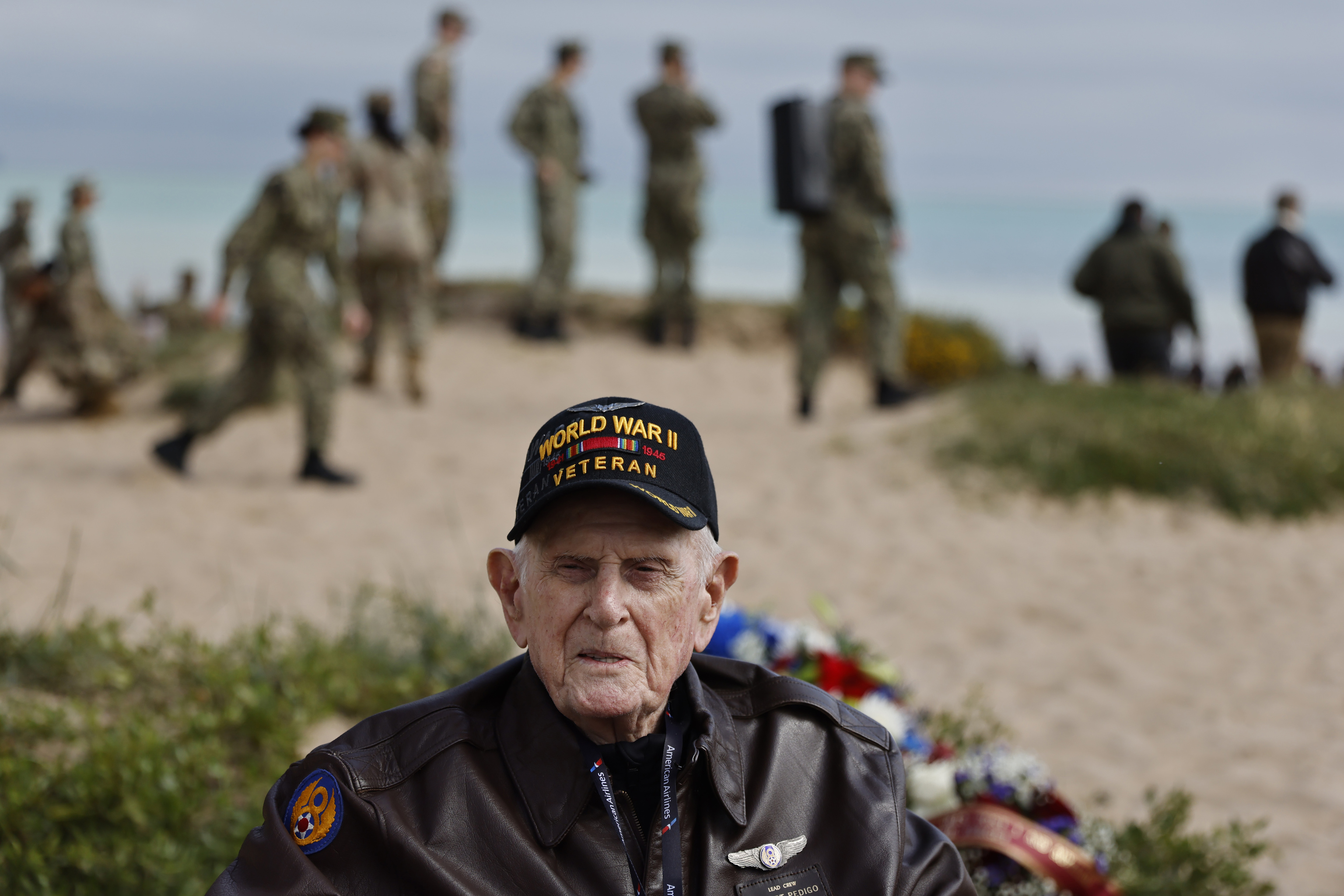 D-Day veteran Bob Pedigo attends a ceremony on Omaha Beach, Tuesday, June 4, 2024 in Normandy.