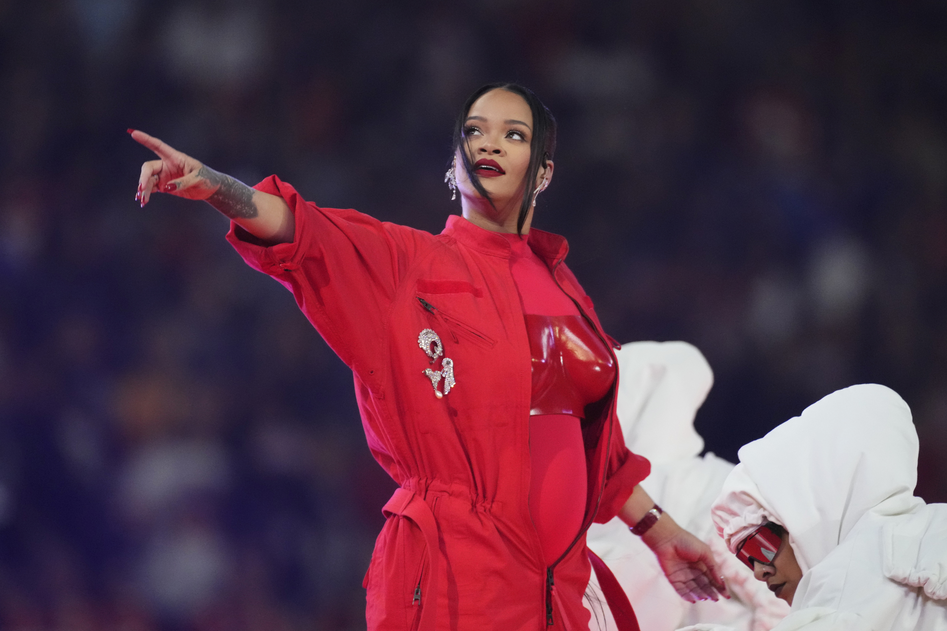 Rihanna performs during the halftime show at the NFL Super Bowl 57.