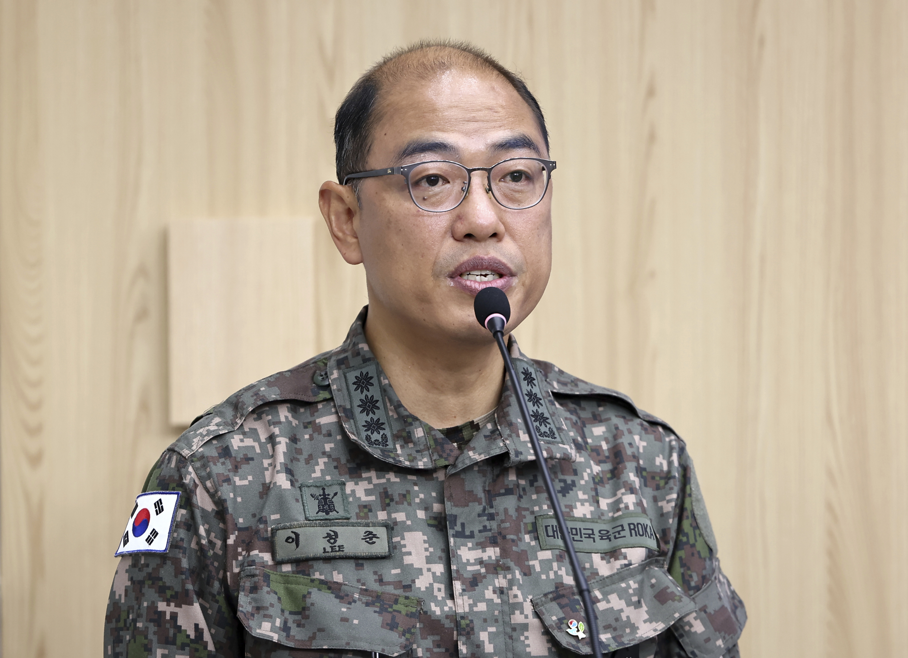 Lee Sung Joon, spokesperson of South Korea's Joint Chiefs of Staff, speaks during the briefing in Seoul, South Korea,