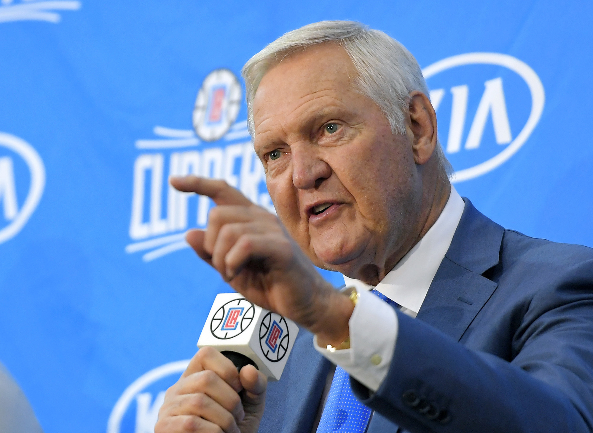 Jerry West speaks during a news conference.