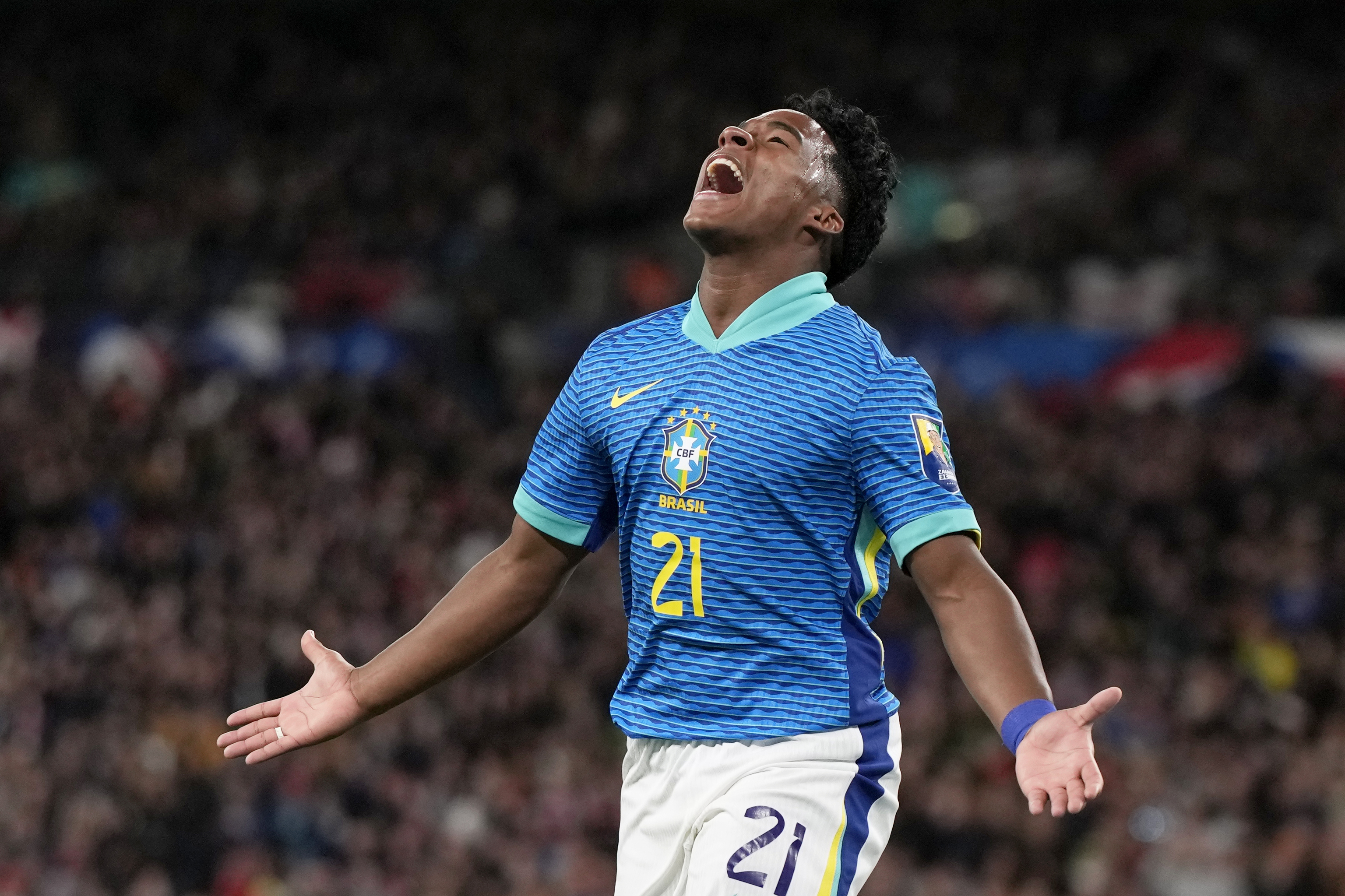 Brazil's Endrick celebrates after scoring the opening goal.