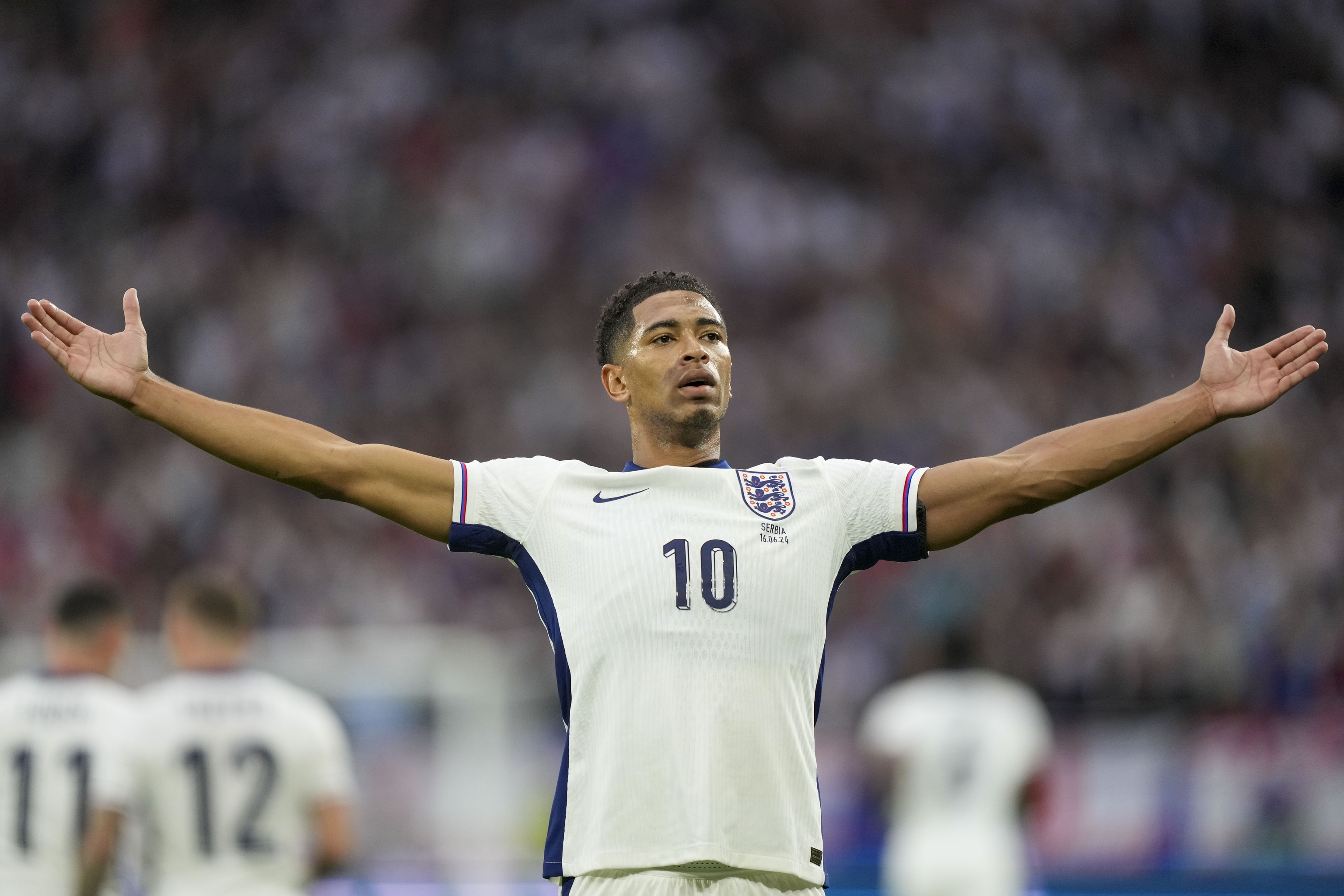 England's Jude Bellingham celebrates after scoring the opening goal.