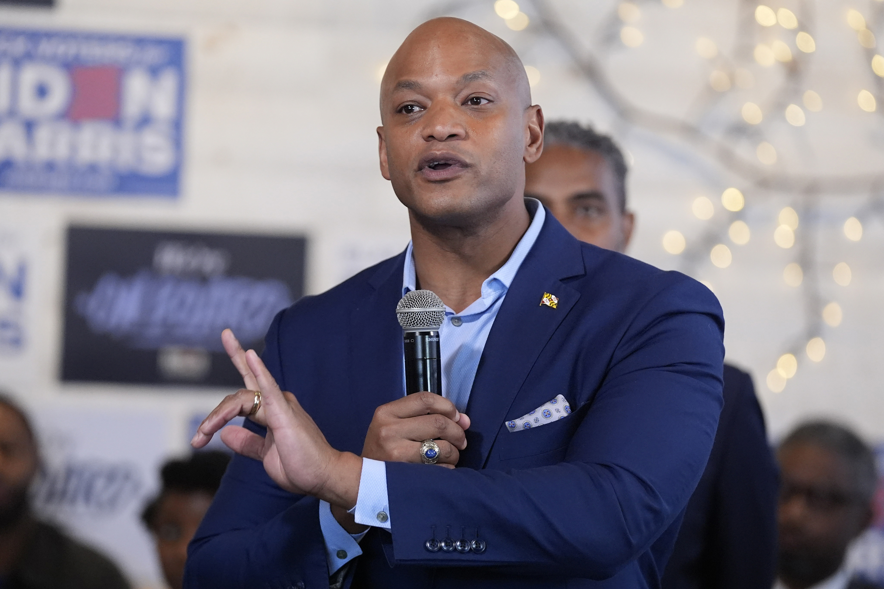 Maryland Gov. Wes Moore speaks during a visit to SOUTH Restaurant & Jazz Club.