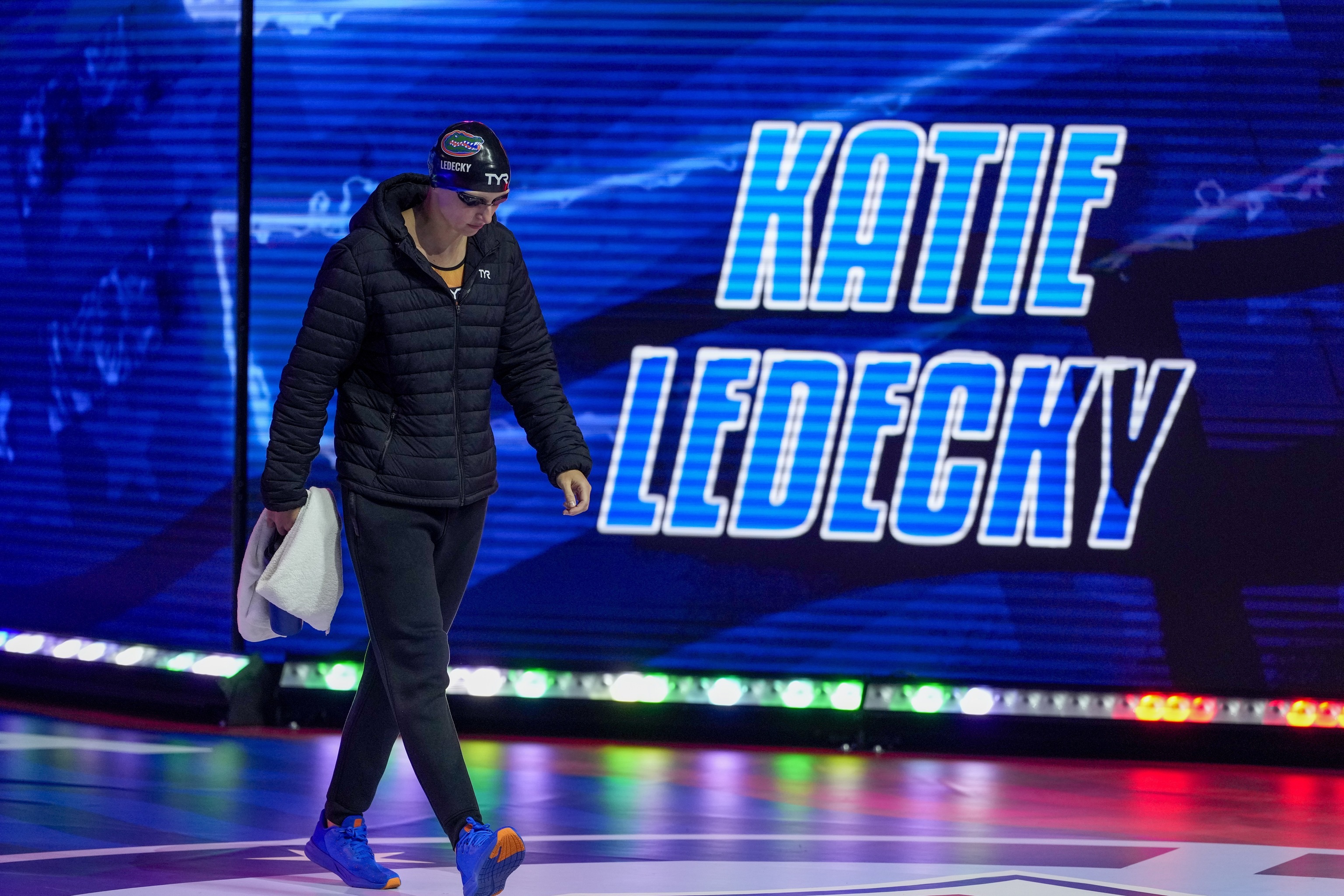 Katie Ledecky is introduced before the Women's 200 freestyle semifinals.