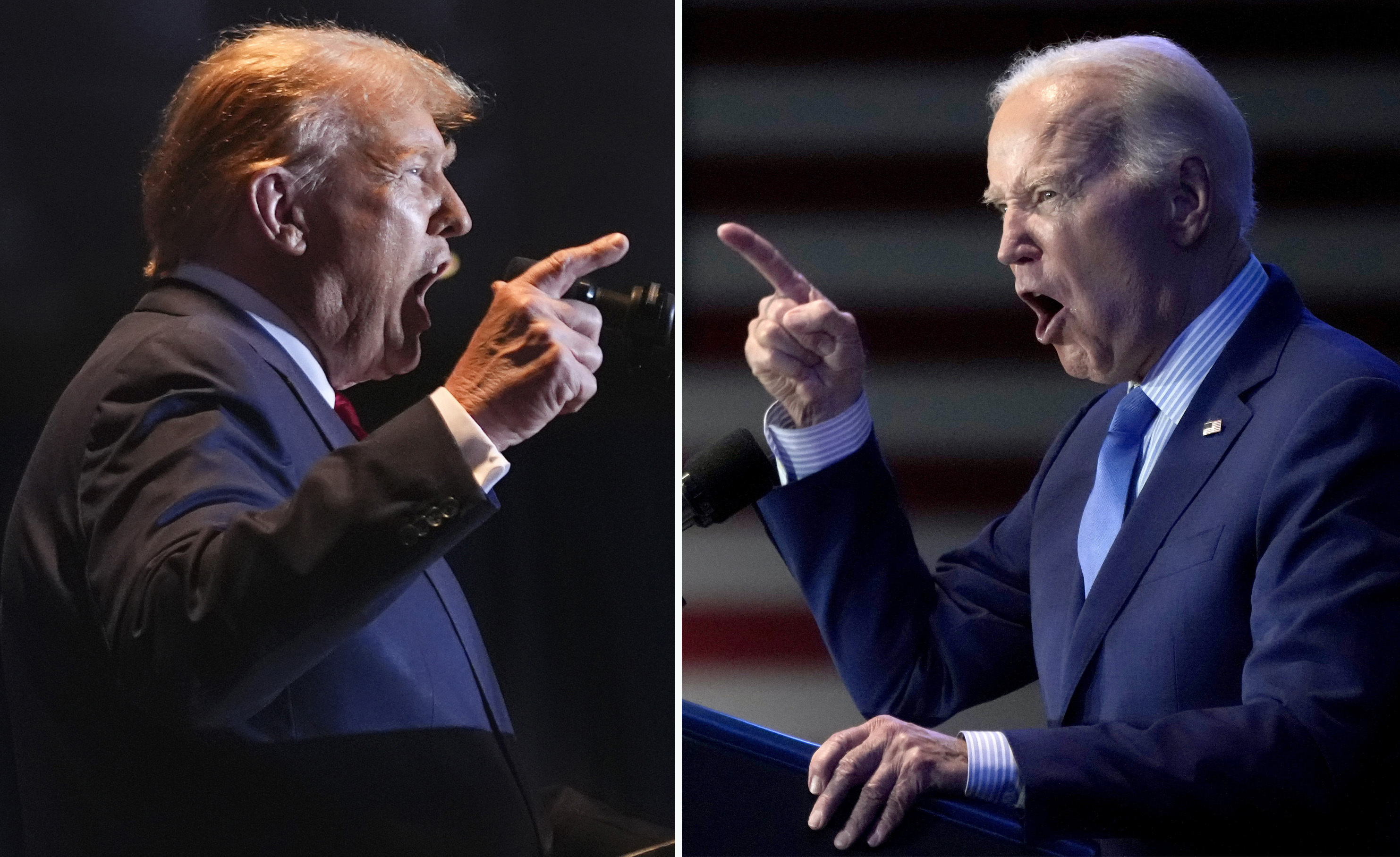 This combination of photos taken in Columbia, S.C. shows former President Donald Trump and President Joe Biden