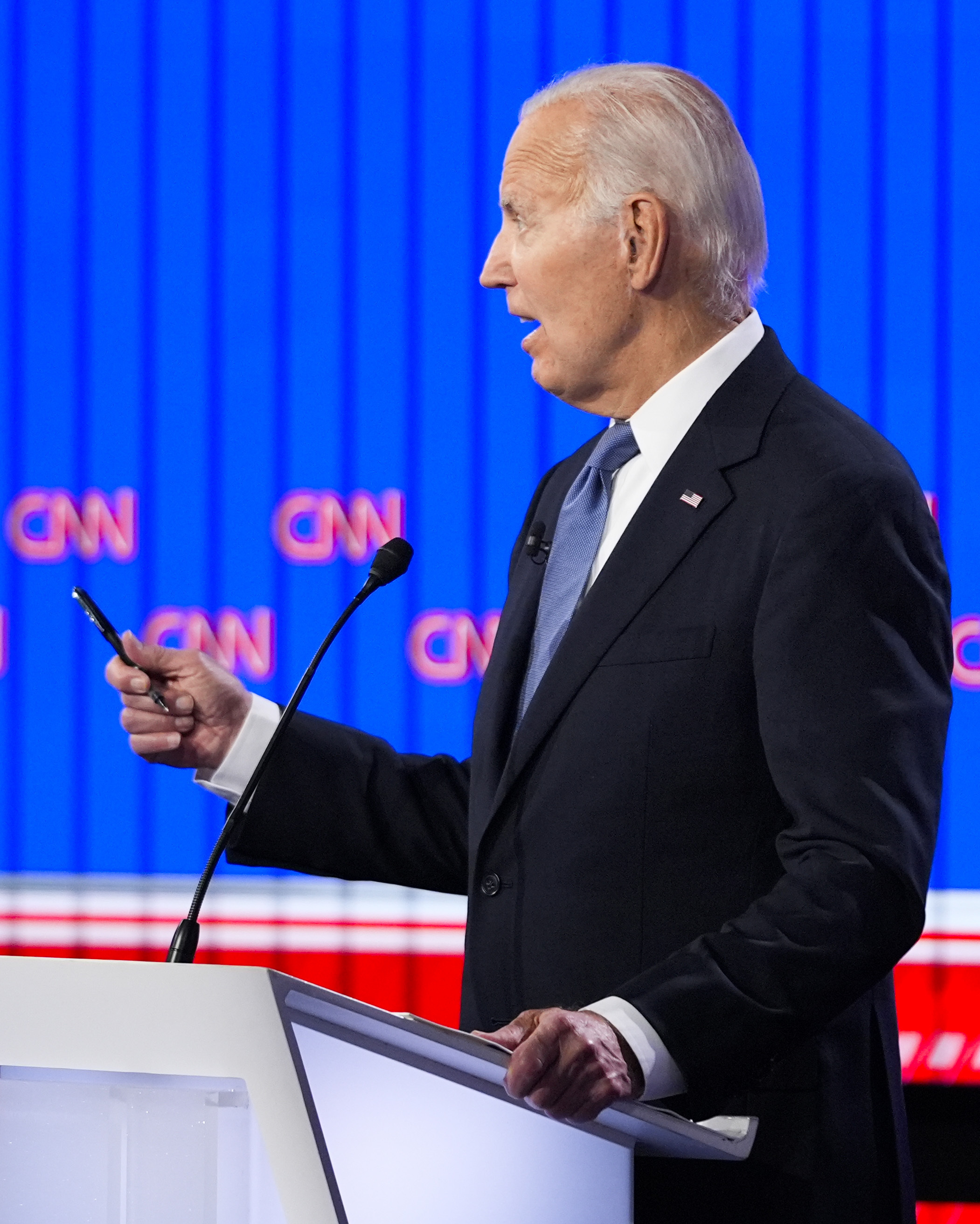 President Joe Biden speaks during a presidential debate hosted by CNN.