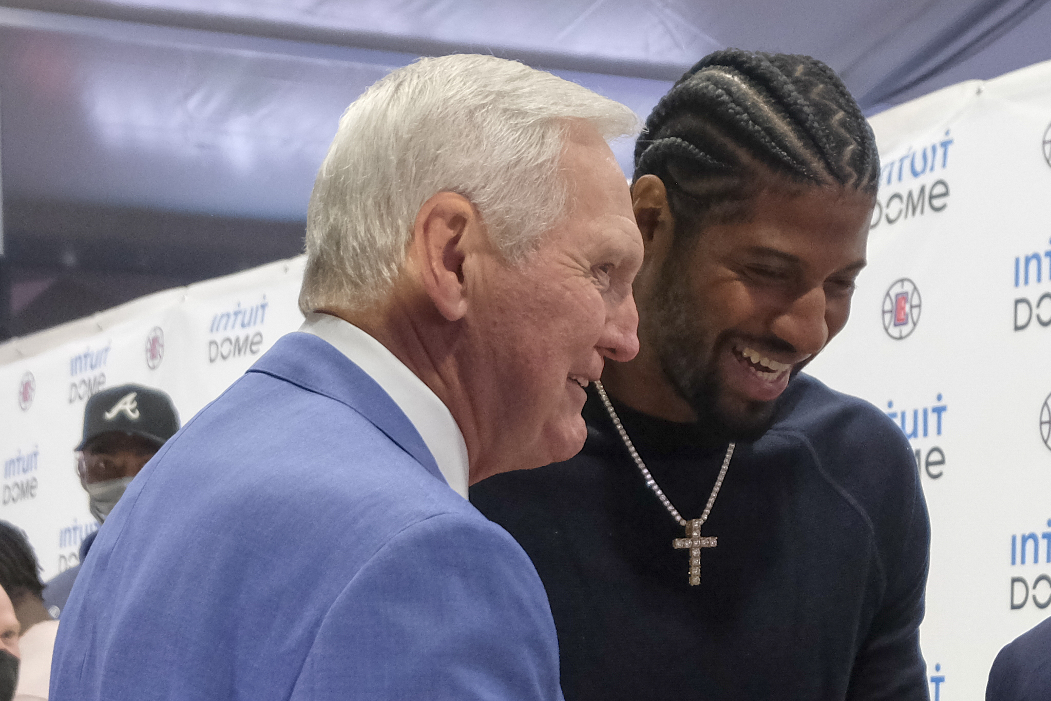 Los Angeles Clippers star Paul George speaks to Jerry West.