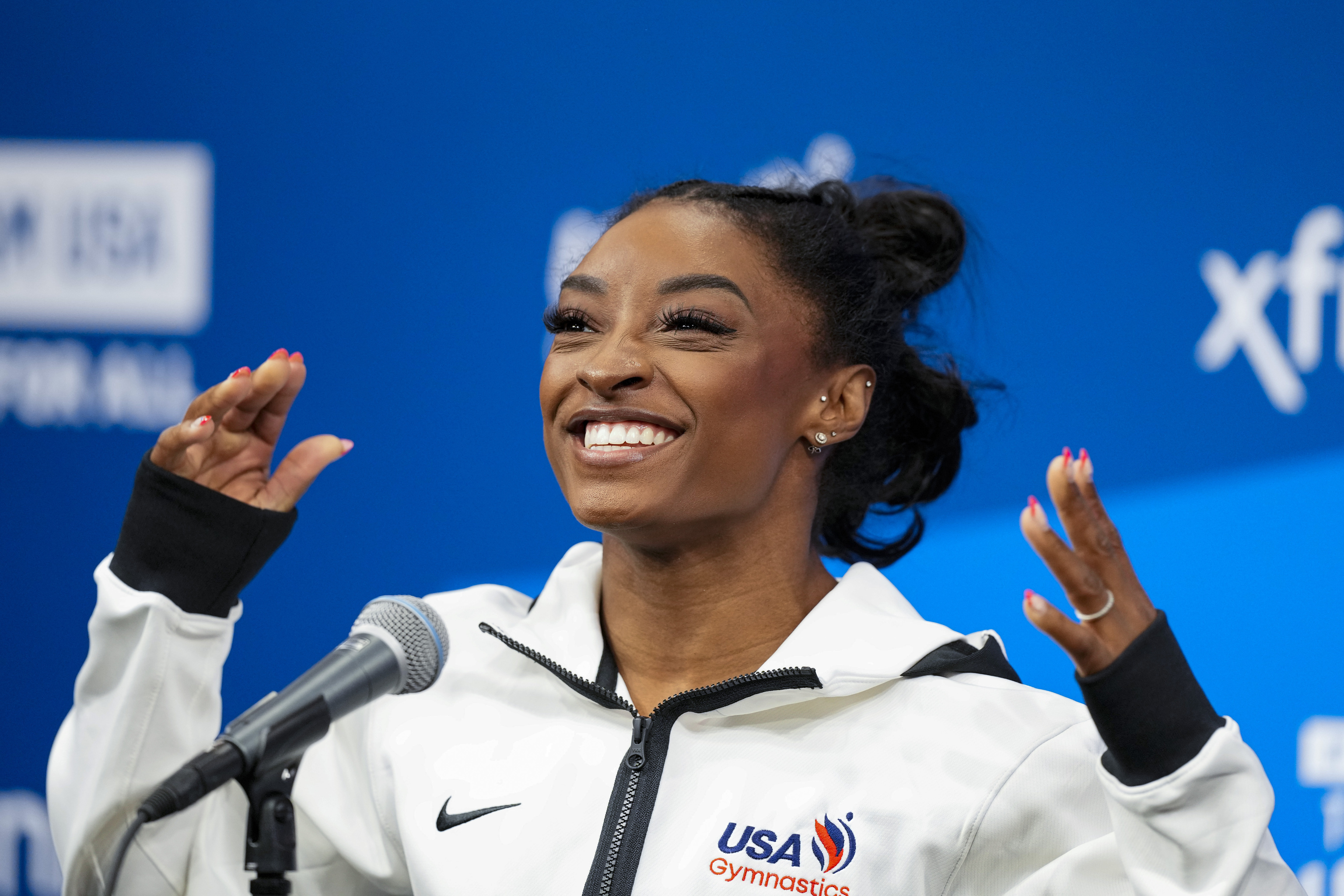 Simone Biles answers questions after she was named to the 2024 Olympic team.