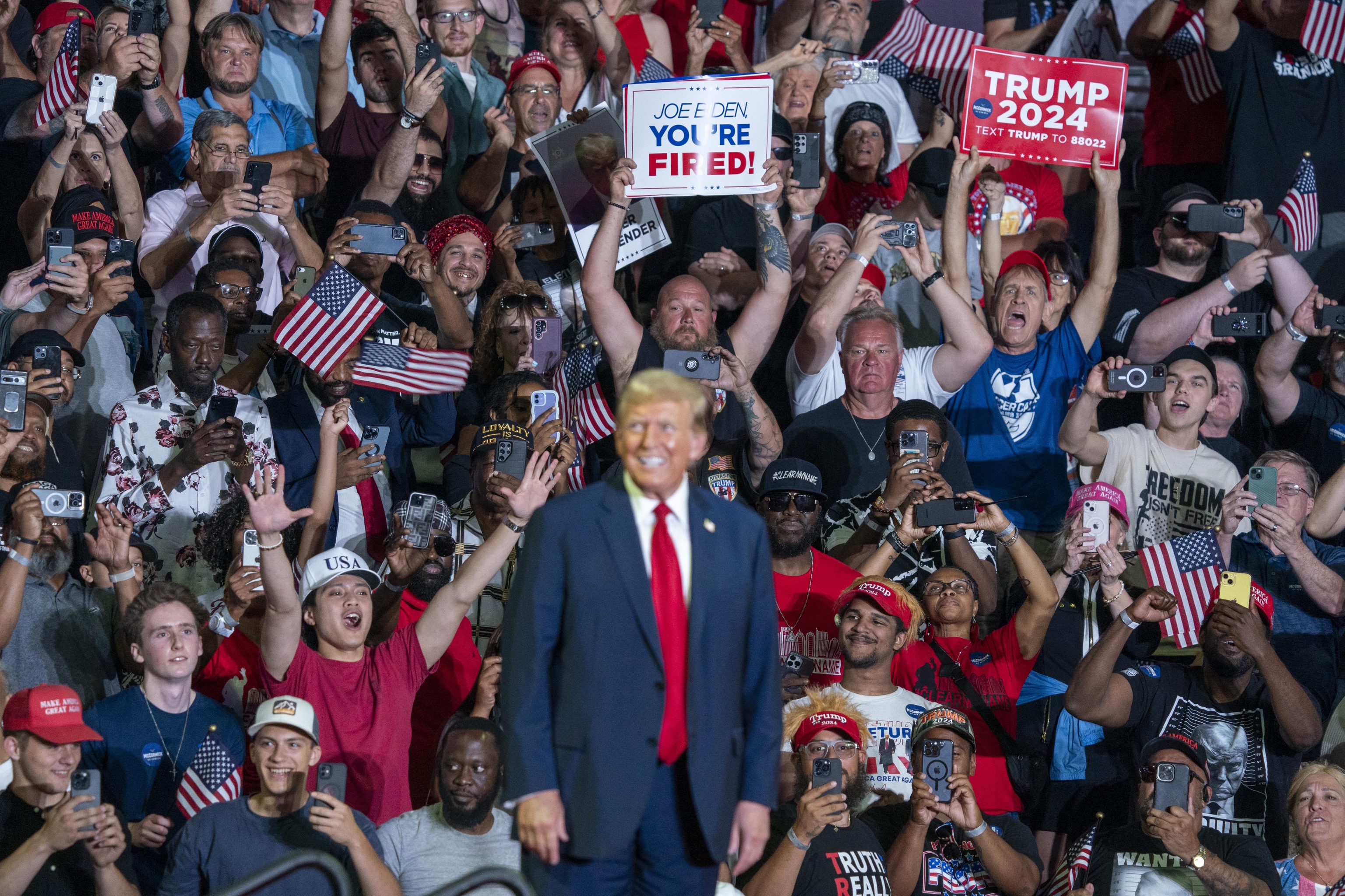 Donald J. Trump delivers remarks during a campaign rally.