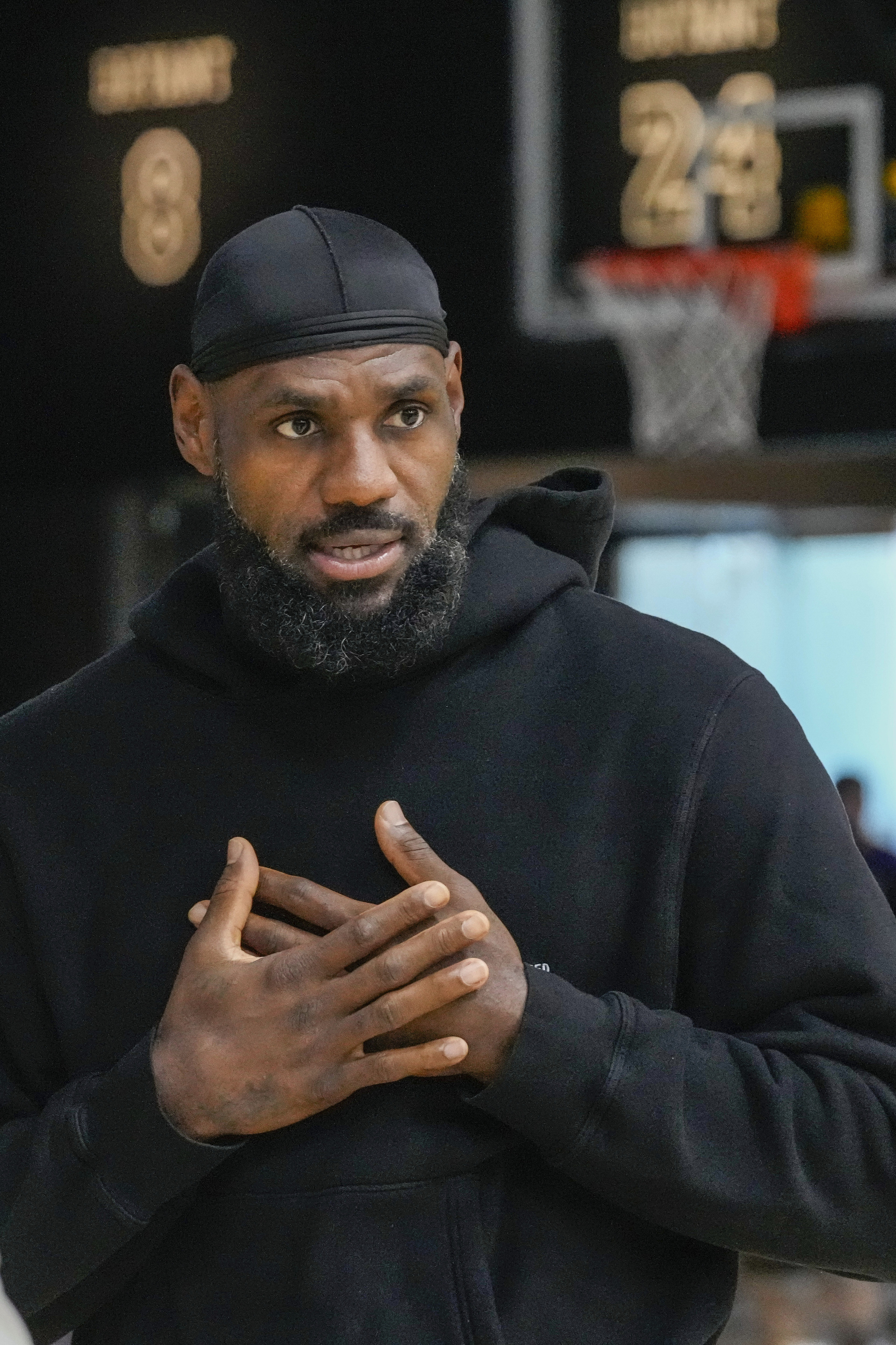 Los Angeles Lakers' LeBron James attends a news conference to introduce the NBA basketball team's NBA draft picks, Bronny James and Dalton Knecht.