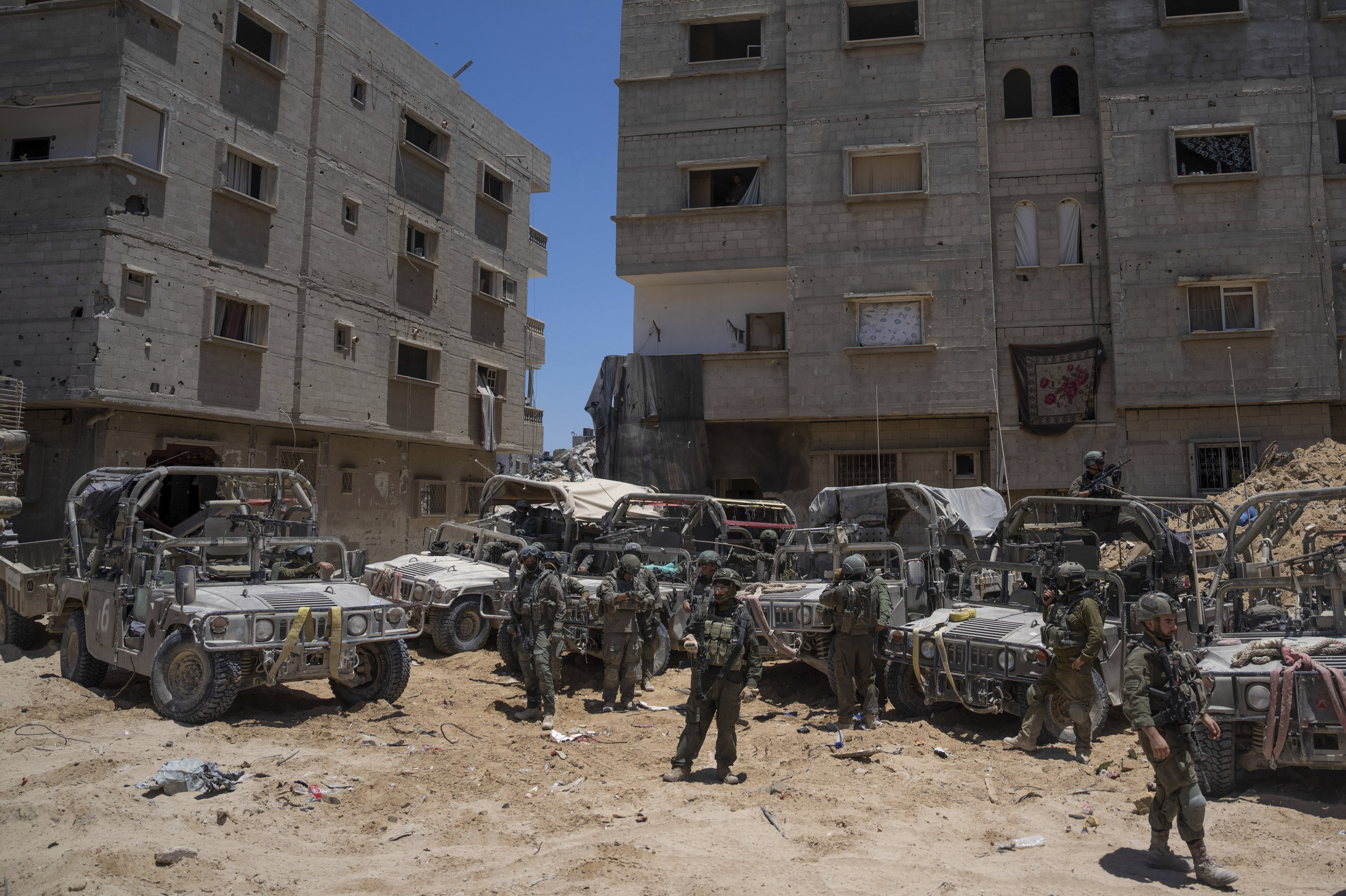 Israeli soldiers gather in the southern Gaza Strip.