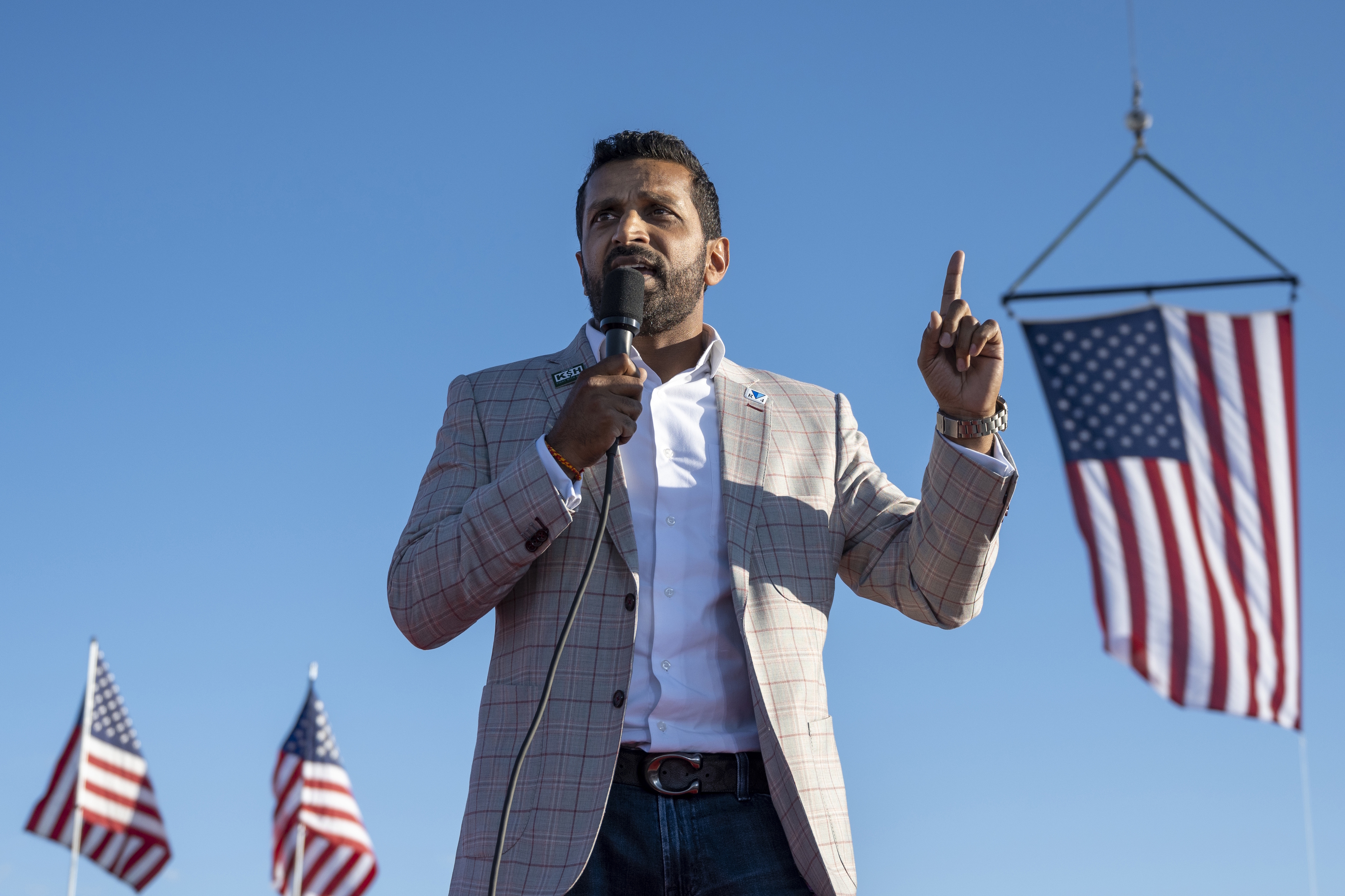 Kash Patel speaks at a rally in Minden, Nevada.