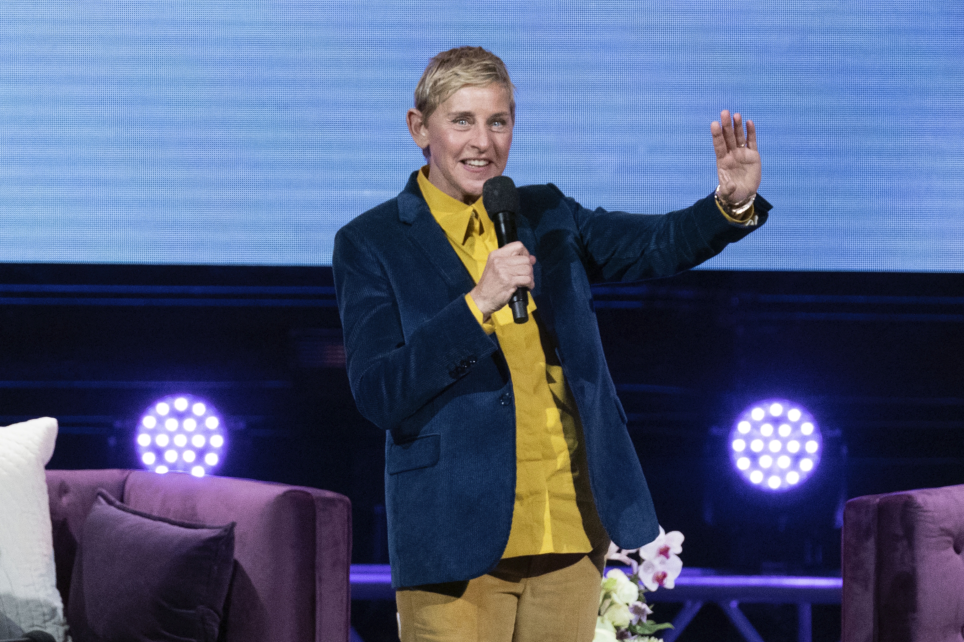 Ellen DeGeneres speaks to the crowd.