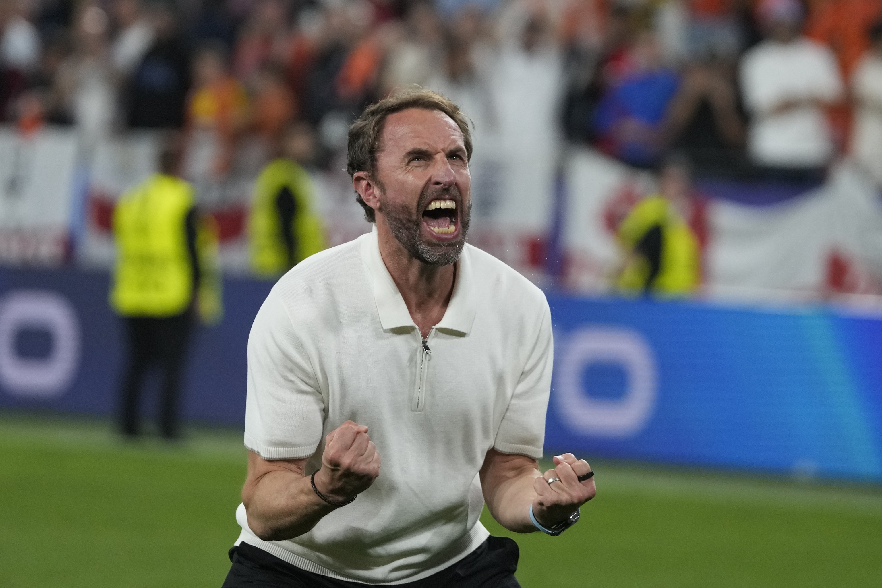 England's manager Gareth Southgate celebrates at the end of a semifinal against Netherlands at the Euro 2024.