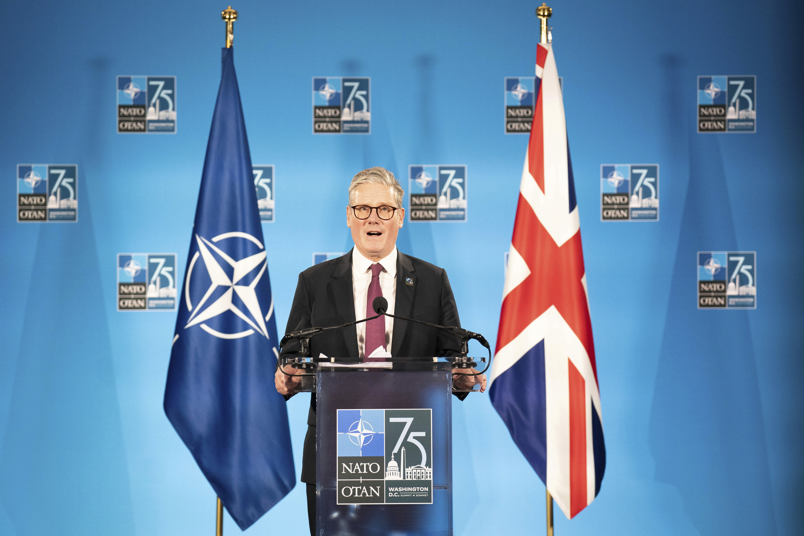 Britain's Prime Minister Keir Starmer holds a press conference at the end of the NATO.