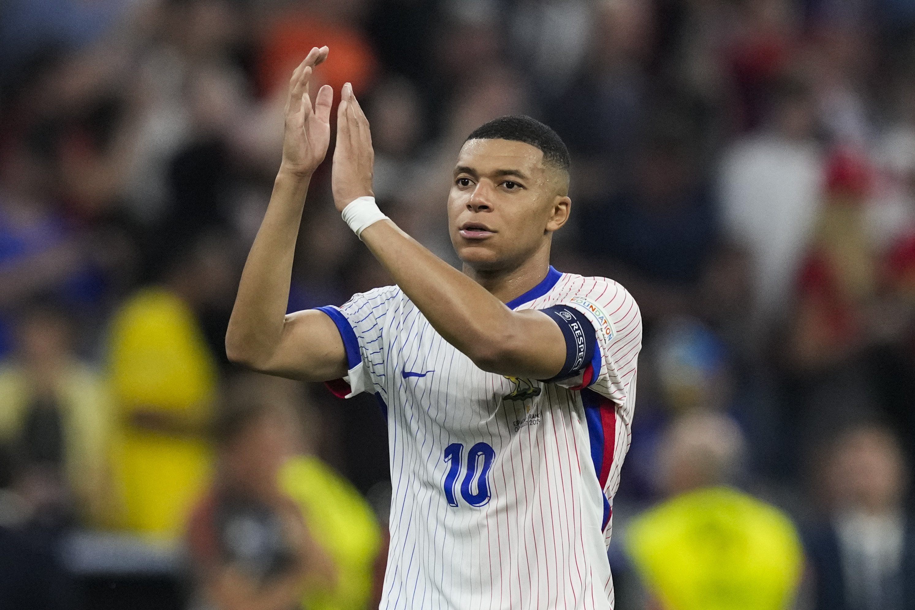 Kylian Mbappe of France reacts after losing a semifinal match between Spain and France at the Euro 2024 soccer tournament.