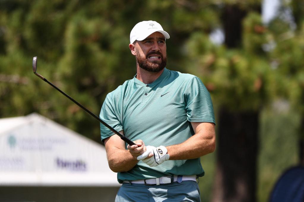 Travis Kelce reacts after a shot on the 17th hole on day one of the 2024 American Century Championship