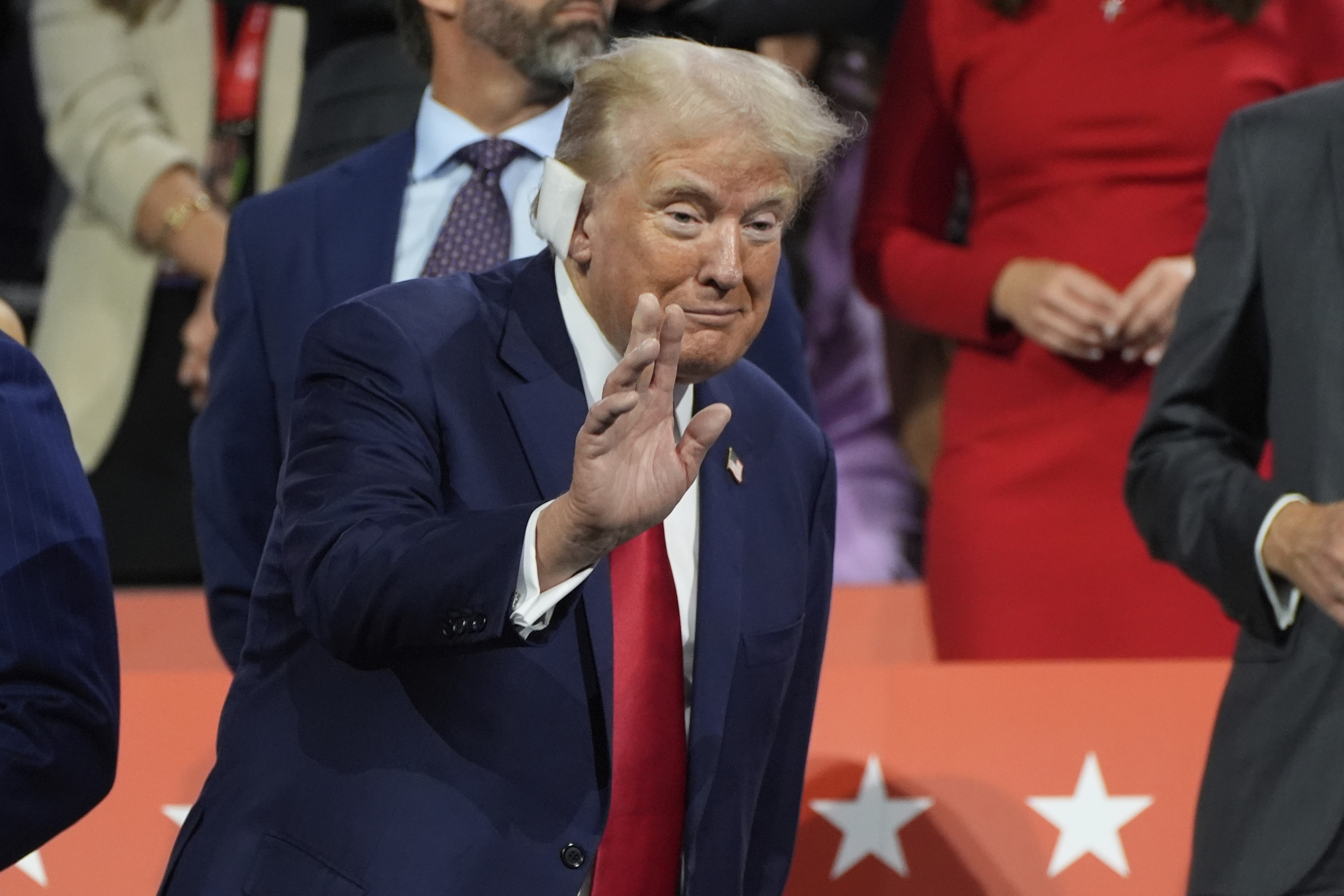 Republican presidential candidate former President Donald Trump appears during the Republican National Convention Monday.