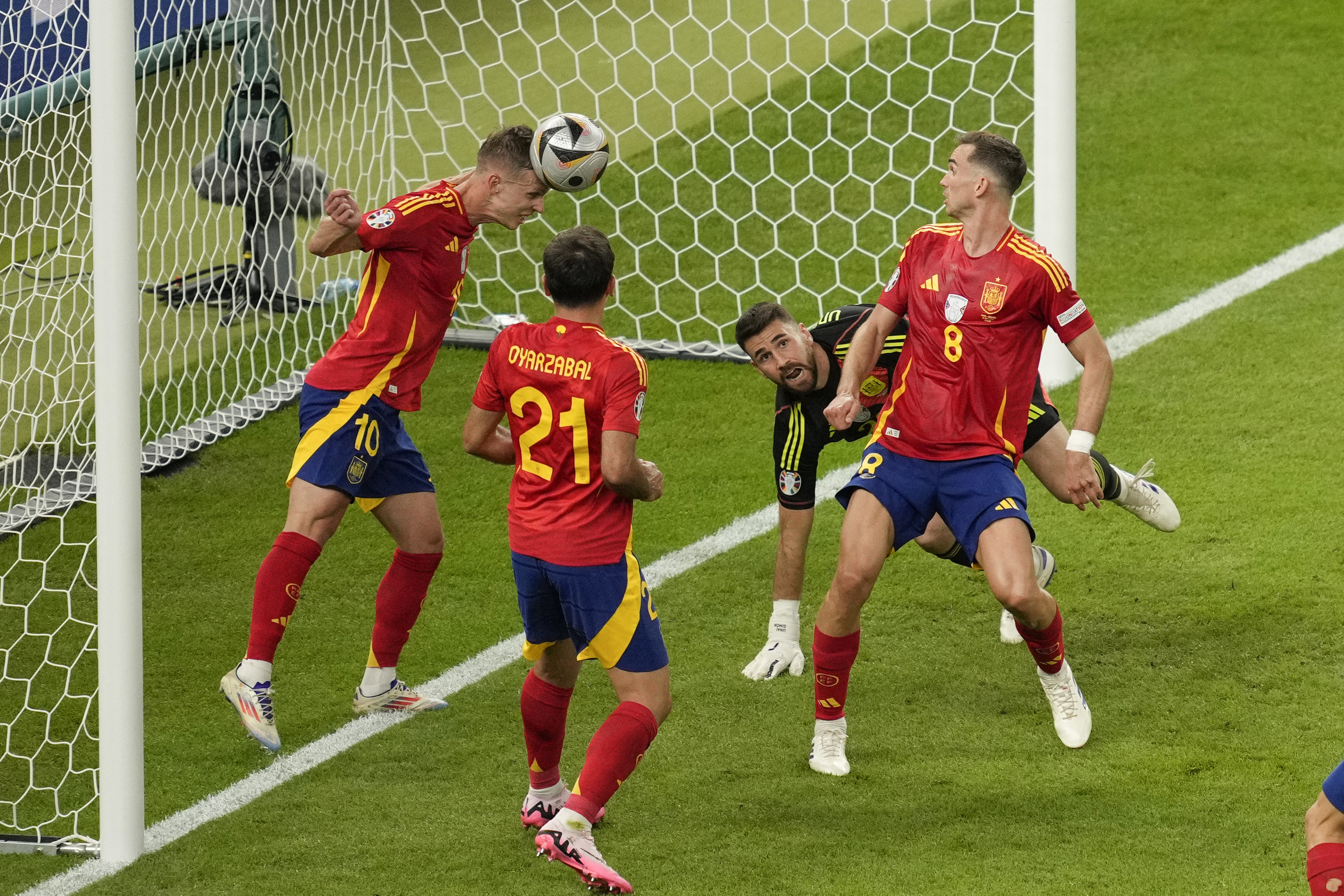 Spain's Dani Olmo clears the ball from the goal line during the final match between Spain and England.