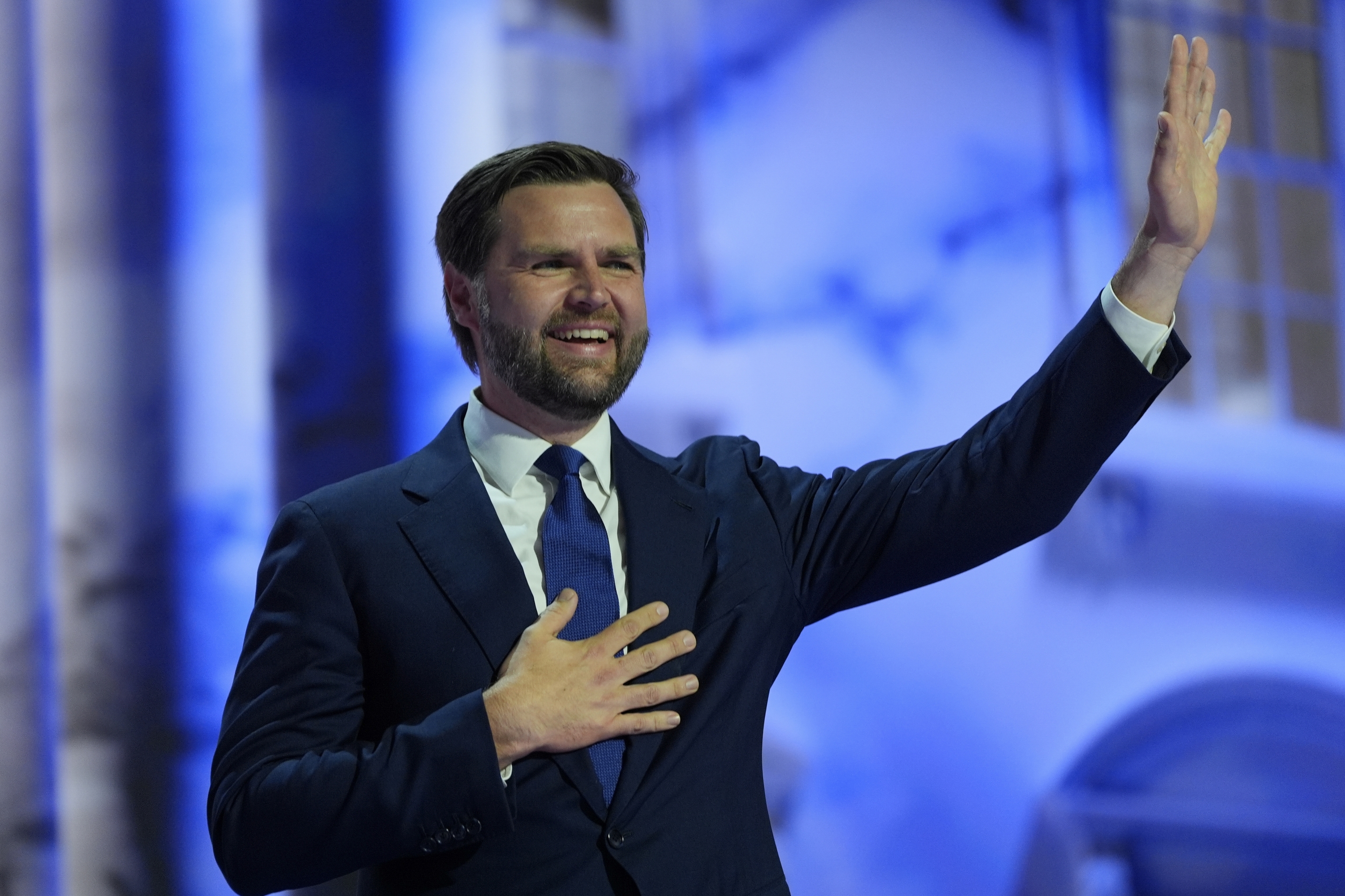 Vice Presidential Nominee Sen. JD Vance waves during the Republican National Convention.