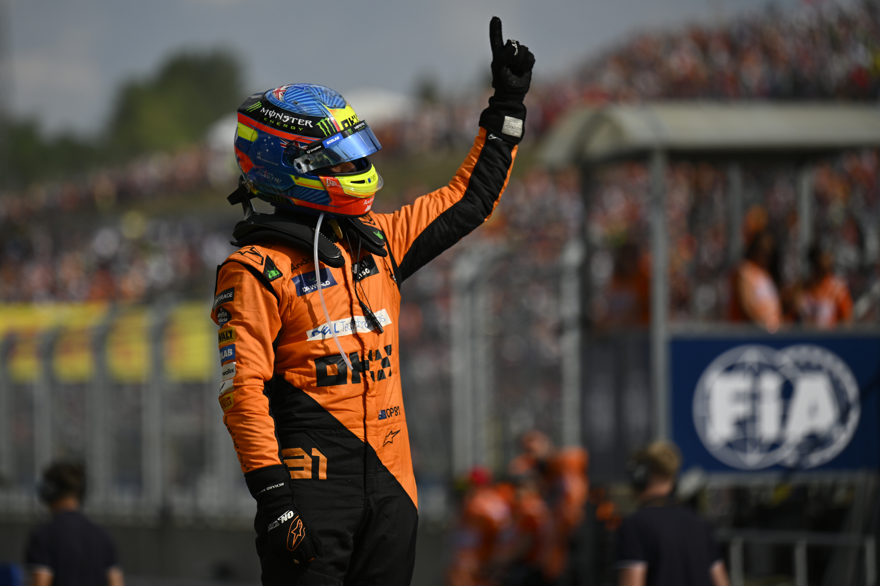 McLaren driver Oscar Piastri of Australia celebrates after winning the Hungarian Formula One Grand Prix race.