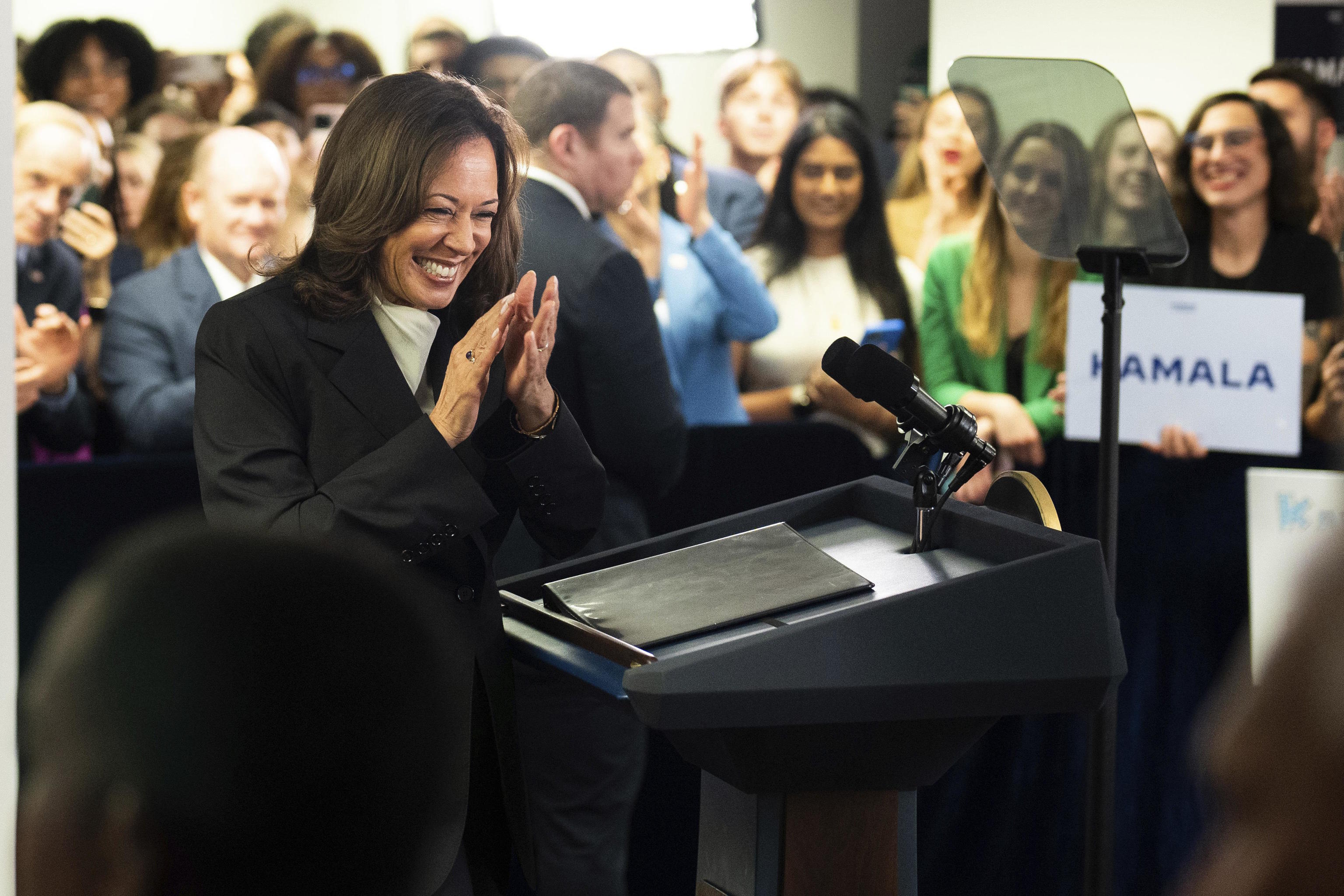 Harris speaks at her campaign headquarters in Wilmington.