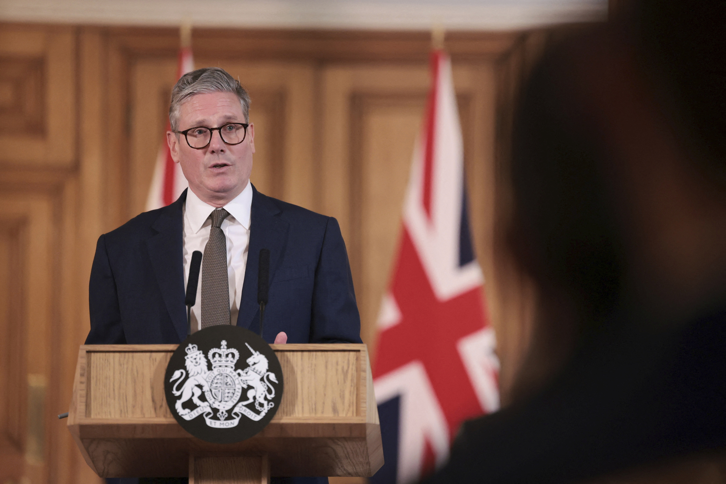 British Prime Minister Keir Starmer delivers a speech, following his first cabinet meeting as Prime Minister.