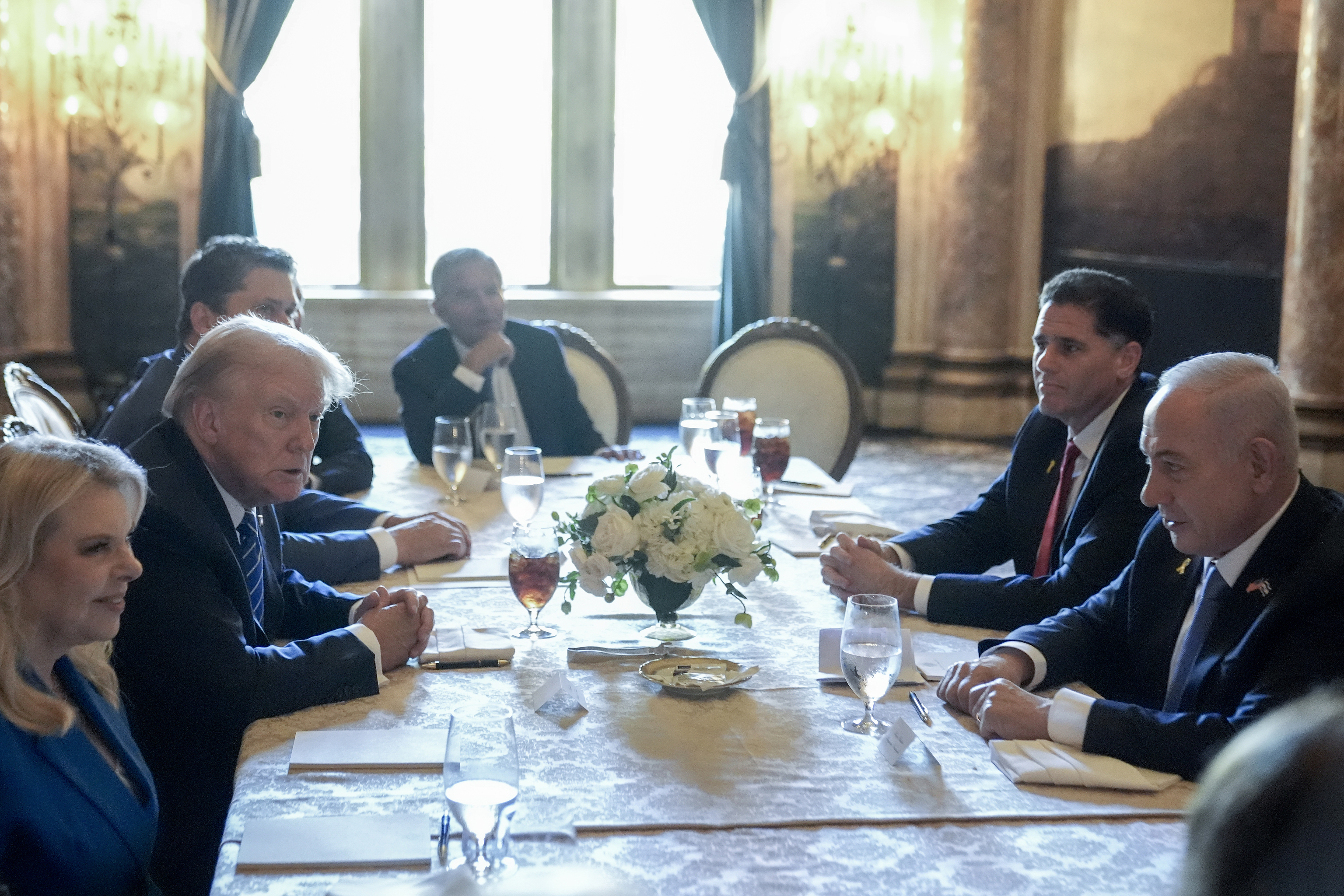 Republican presidential candidate former President Donald Trump speaks while meeting with Israeli Prime Minister Benjamin Netanyahu.