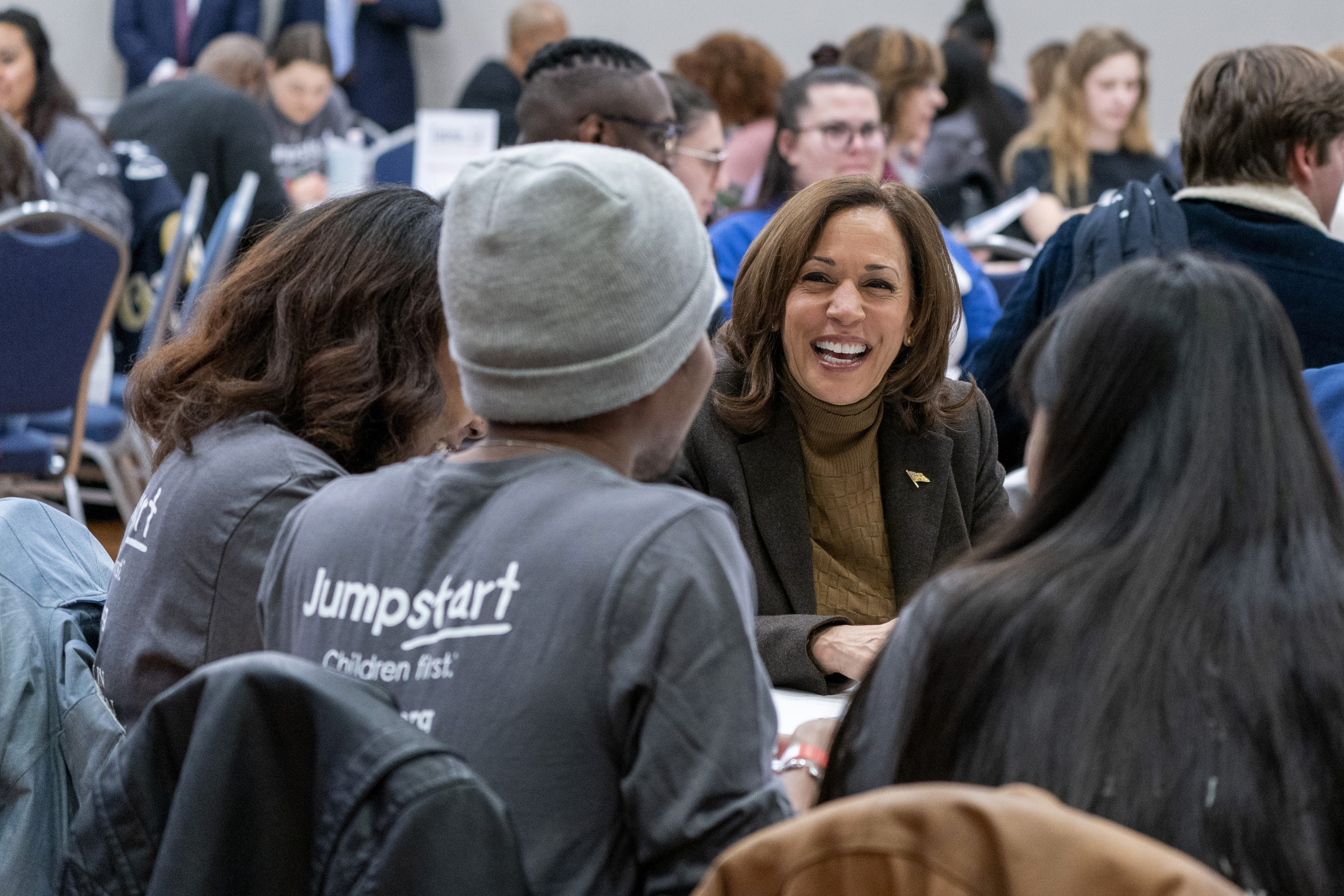 Vice President Kamala Harris works on a Martin Luther King, Jr., day of service project with students at the George Washington University.