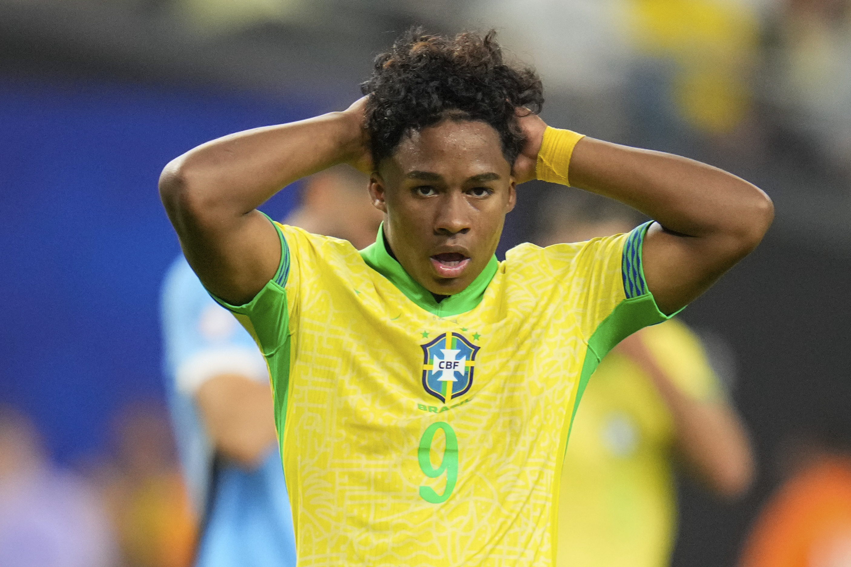 Brazil's Endrick reacts during a Copa Americ.