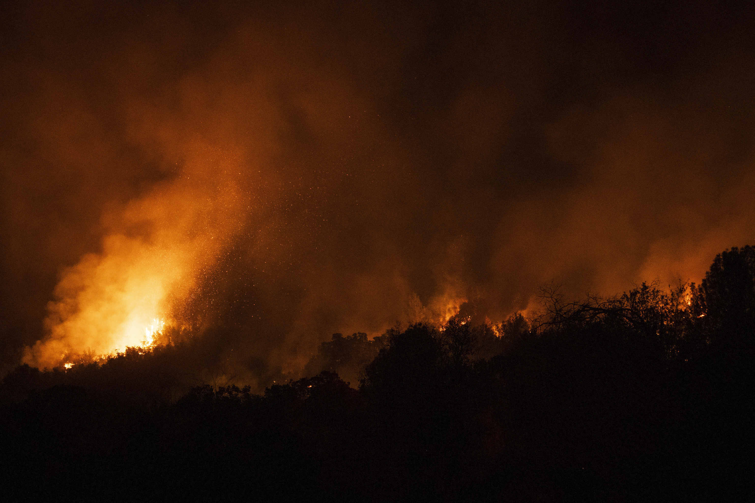 The Park Fire burns along Highway 36 near Dales, California.