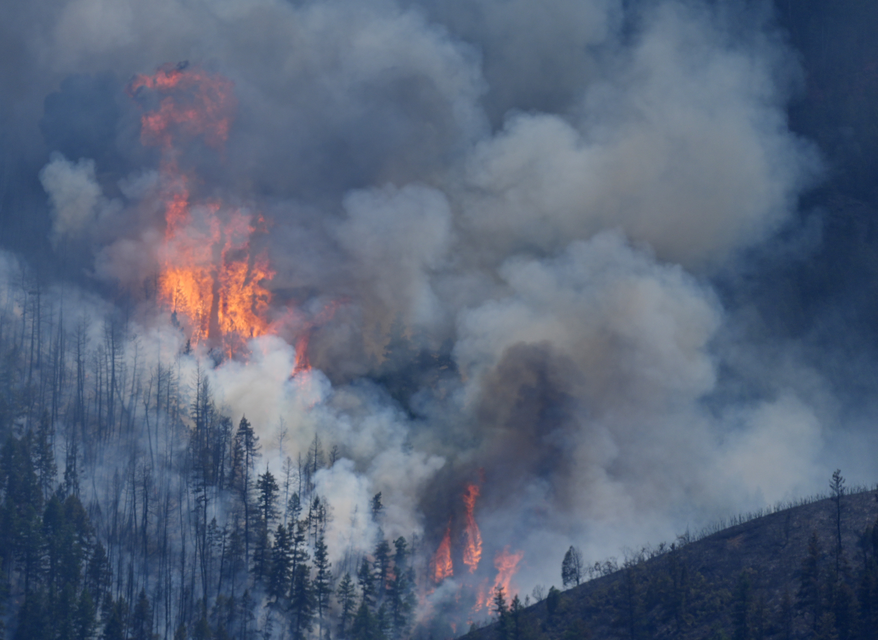 Flames rise amid billowing clouds of smoke.