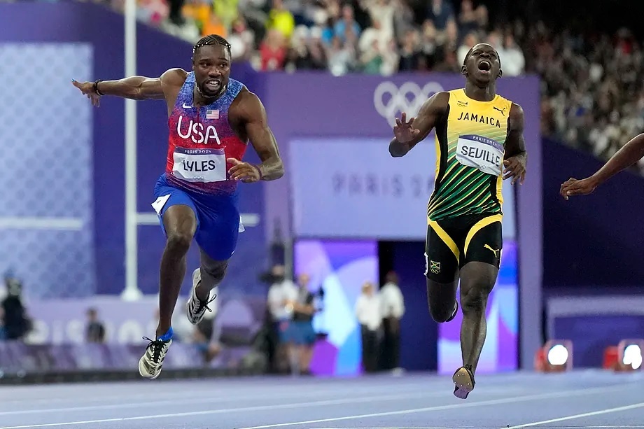 Noah Lyles and Kishane Thompson in the 100 meters final.