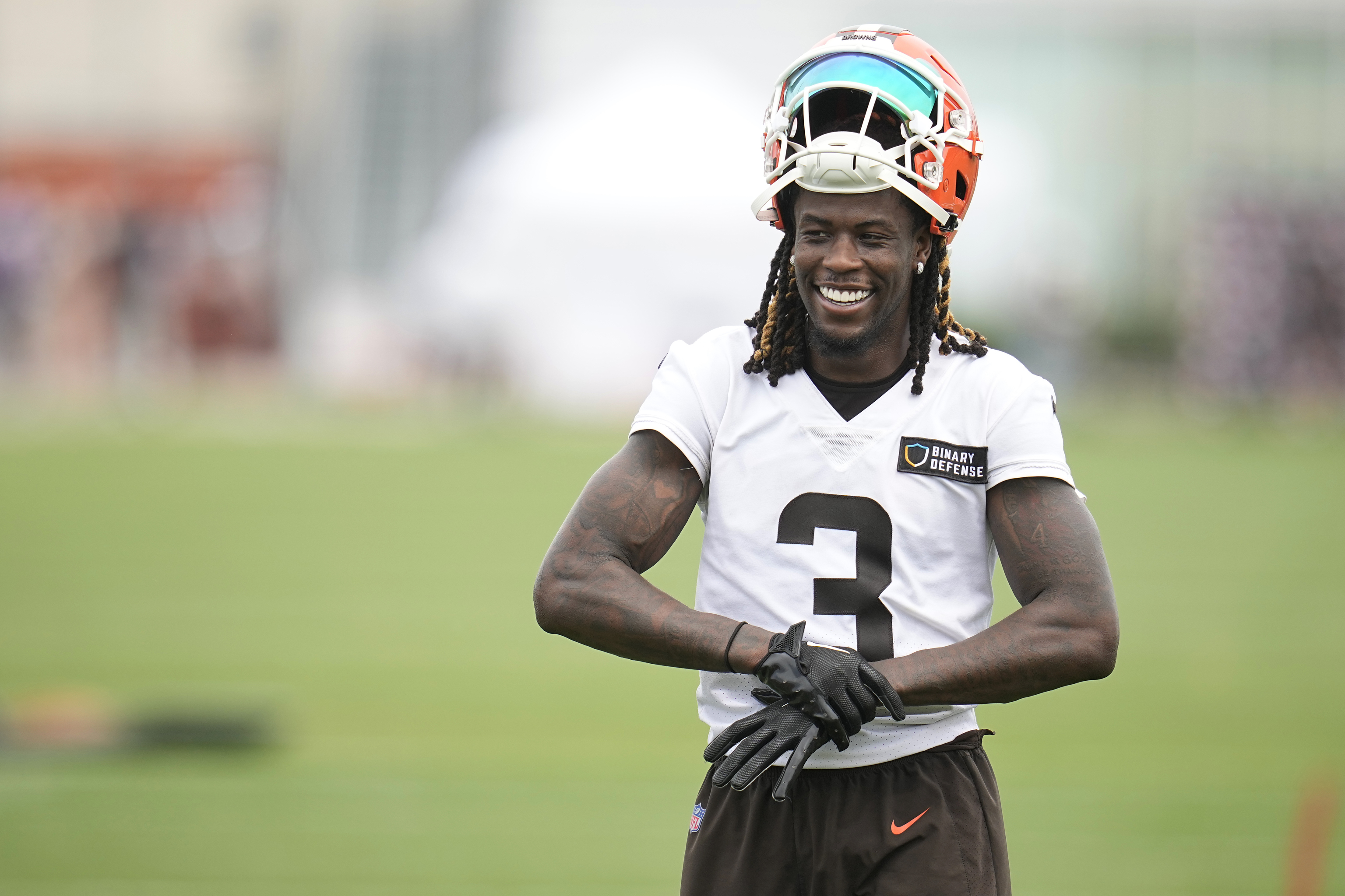 Cleveland Browns wide receiver Jerry Jeudy smiles during NFL football practice.