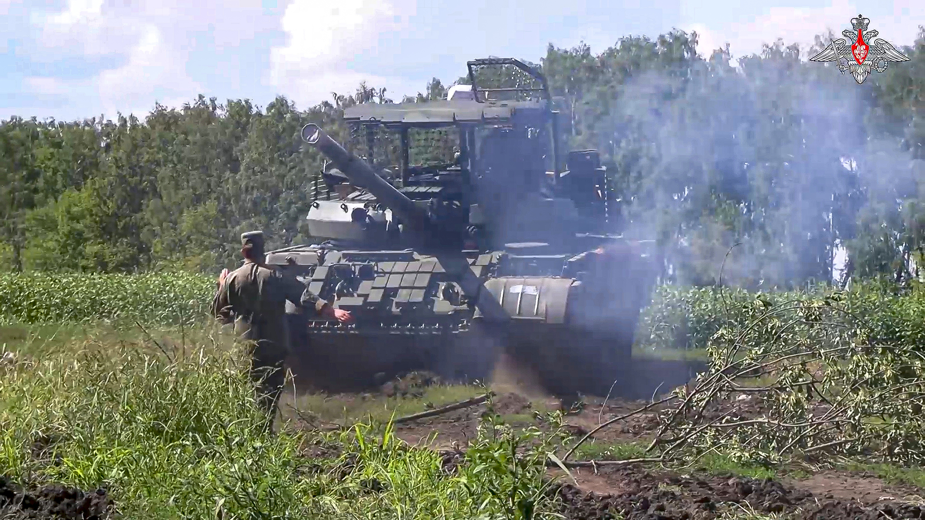 A Russian Army tank takes a position at an area of Kursk region of Russia.