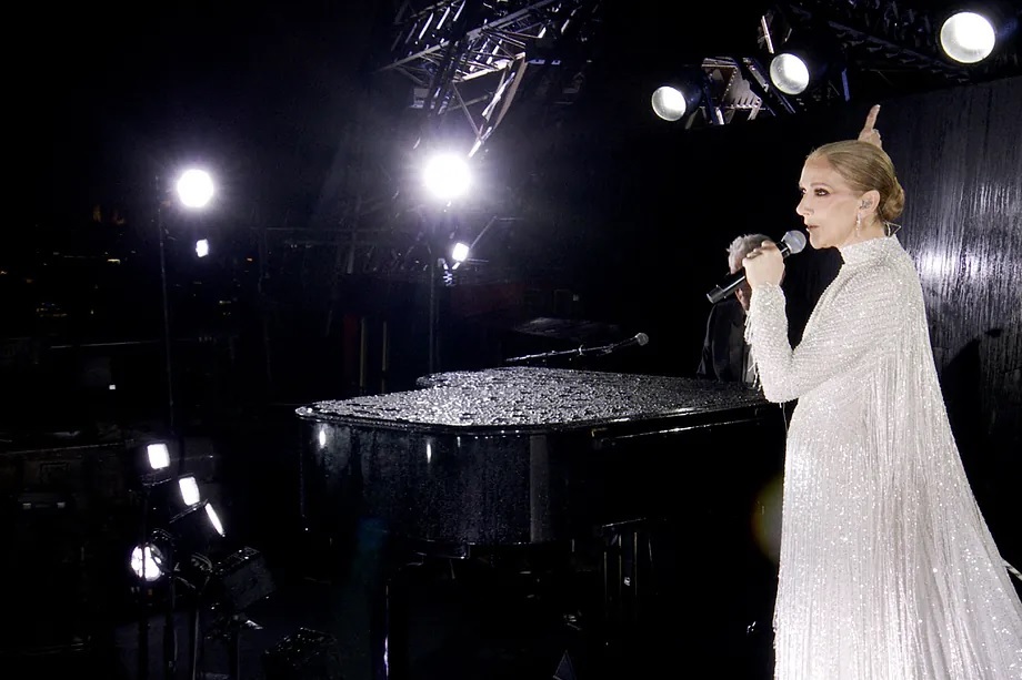 Singer Celine Dion during her performance at the Paris Olympics.