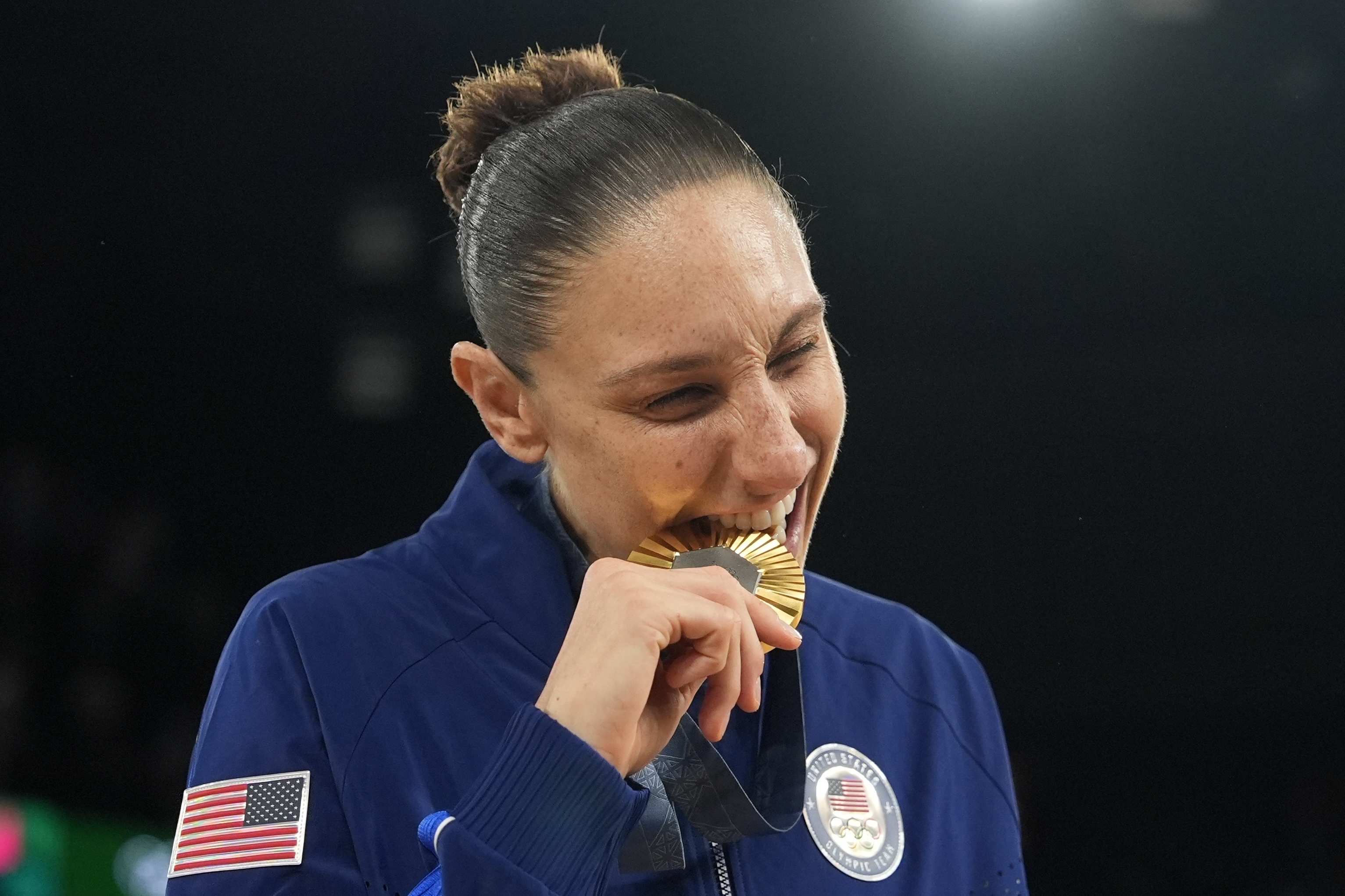 United States' Diana Taurasi reacts after winning her sixth gold medal.