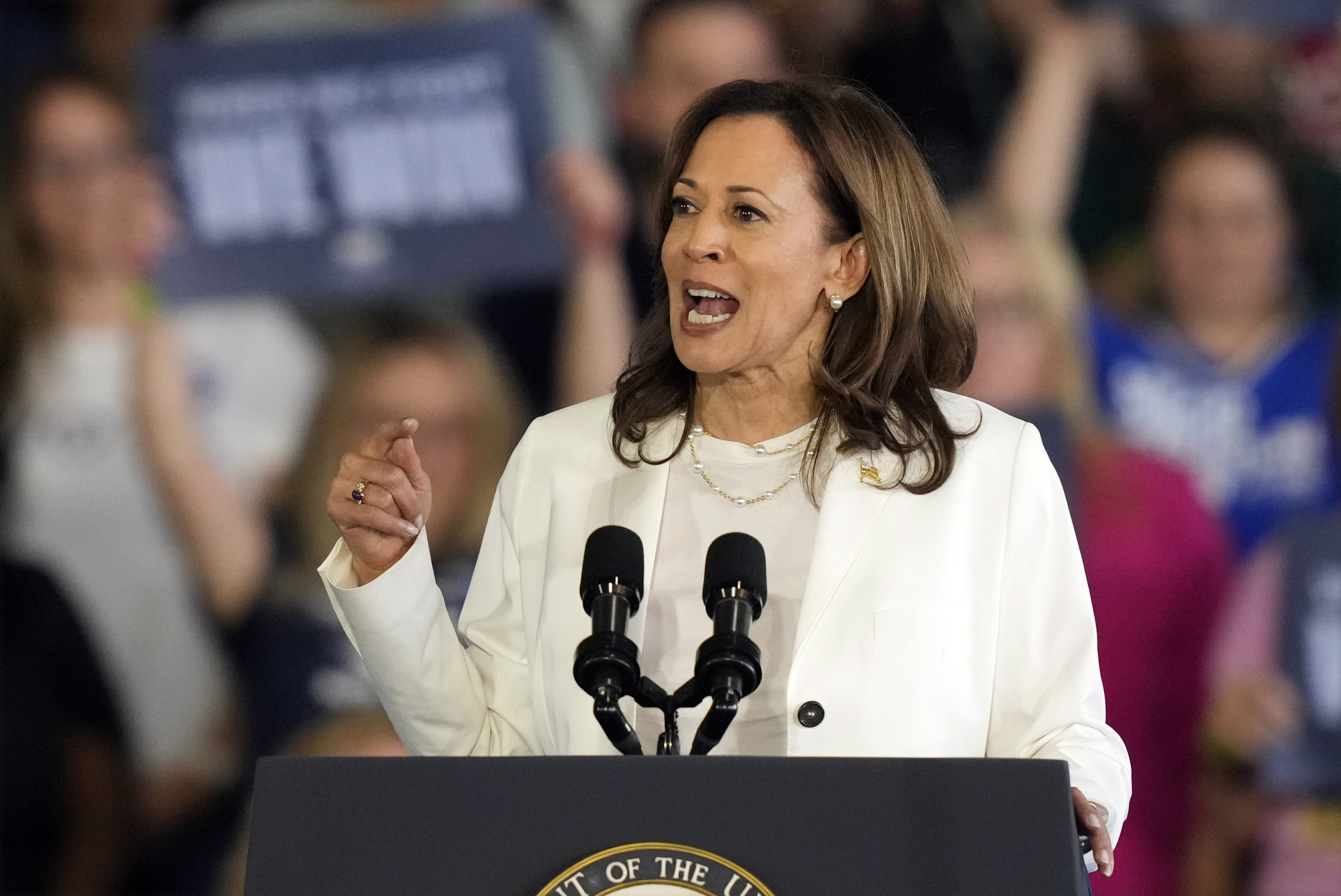 Democratic presidential nominee Vice President Kamala Harris speaks at a campaign rally