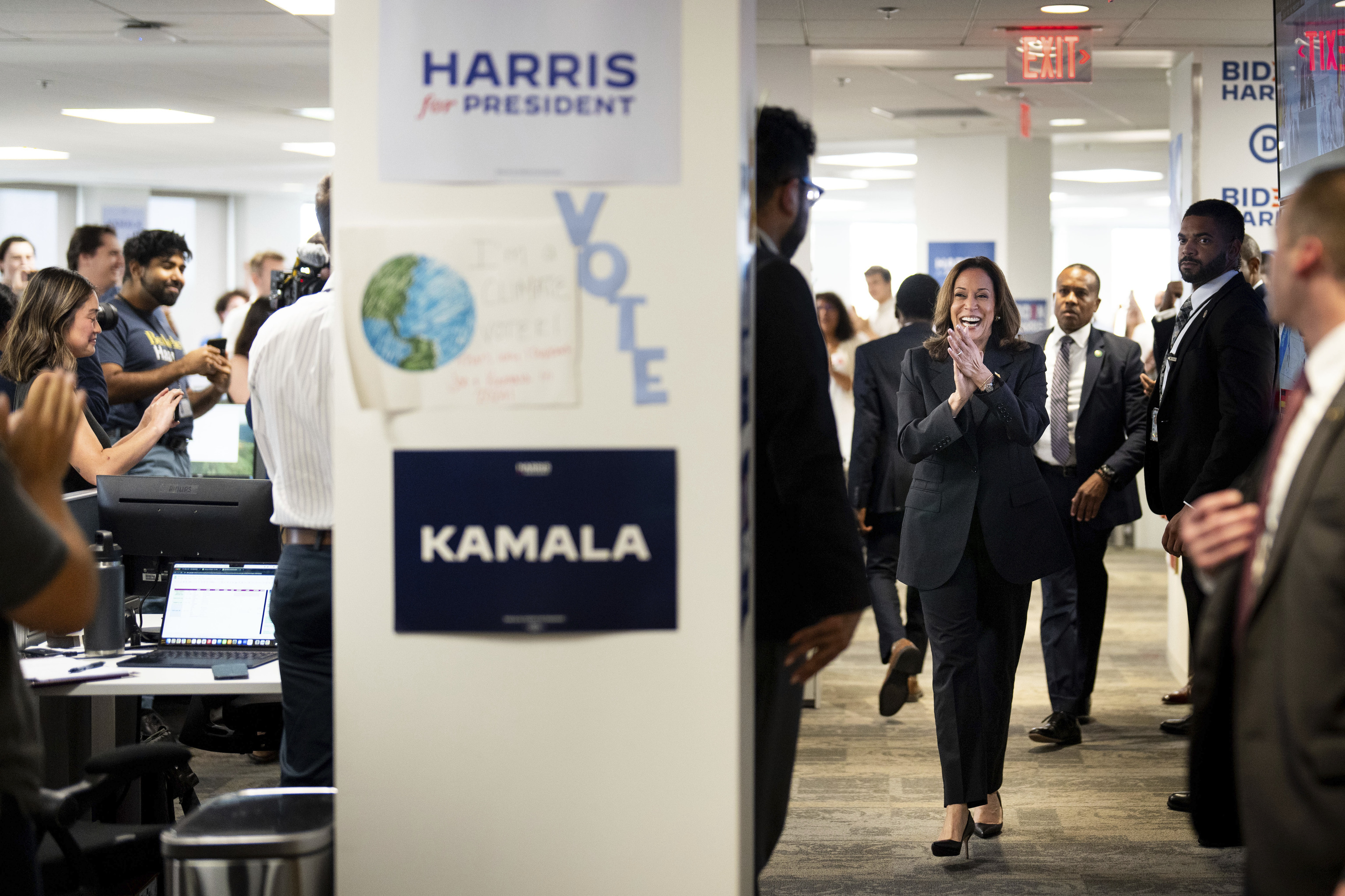 Vice President Kamala Harris arrives at her campaign headquarters in Wilmington