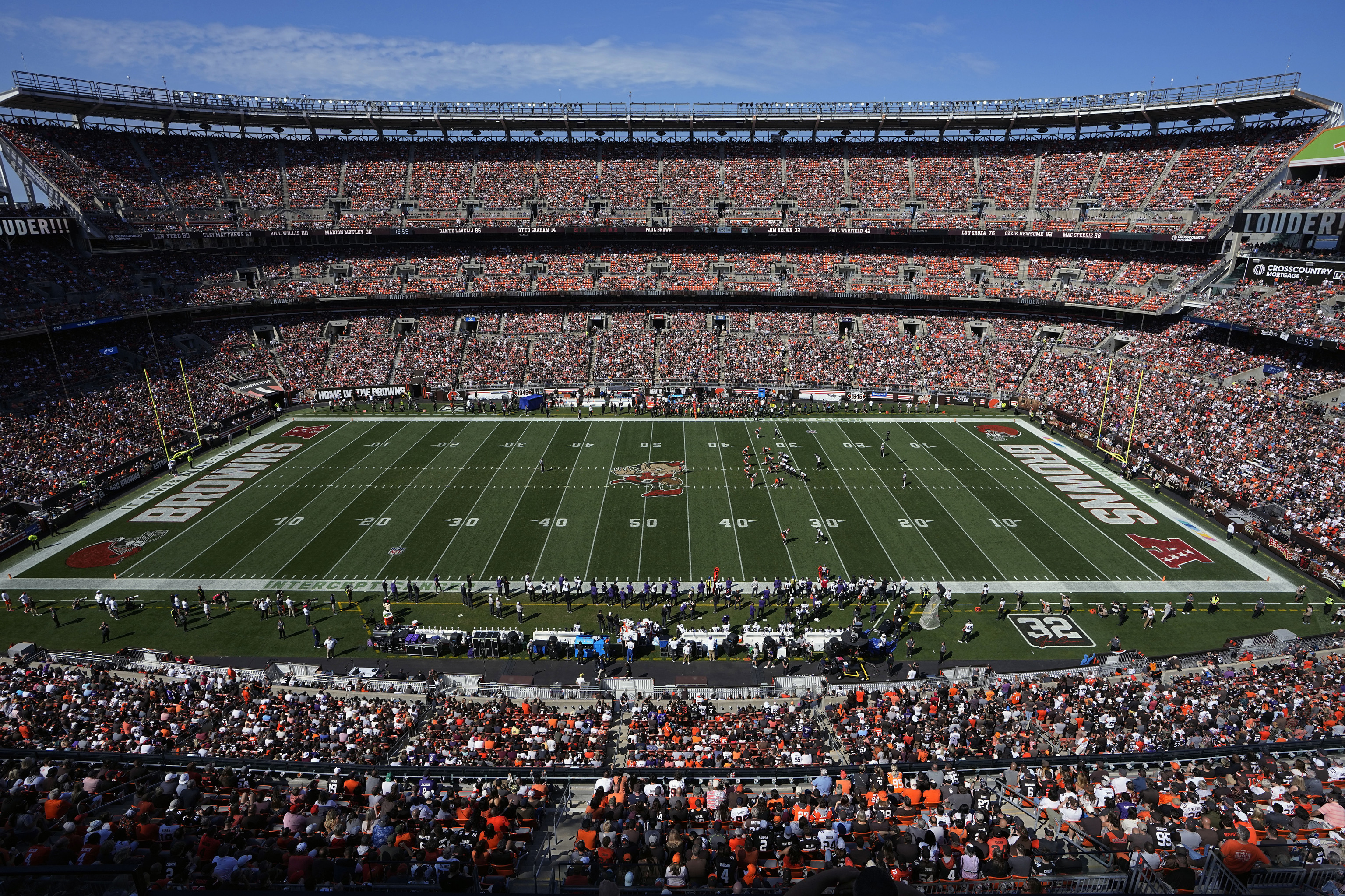 A NFL game at Browns stadium against Ravens