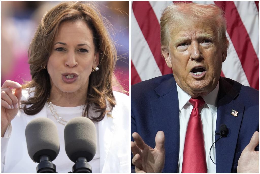 This combination of photos shows Vice President Kamala Harris, left, on Aug. 7, 2024 and Republican presidential candidate former President Donald Trump